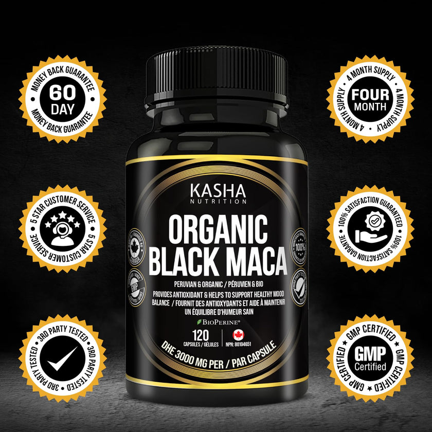 Organic Black Maca for Men & Women DHE 3000mg (Industry Strongest) with 5mg Bioperine per Capsule - Organic Gelatinized Maca for all Genders | 750 mg 4:1 Extract Maca Root / Maca Powder | Proudly Canadian | 4 Month Supply, Non-GMO, Vegan, Gluten Free, Soy