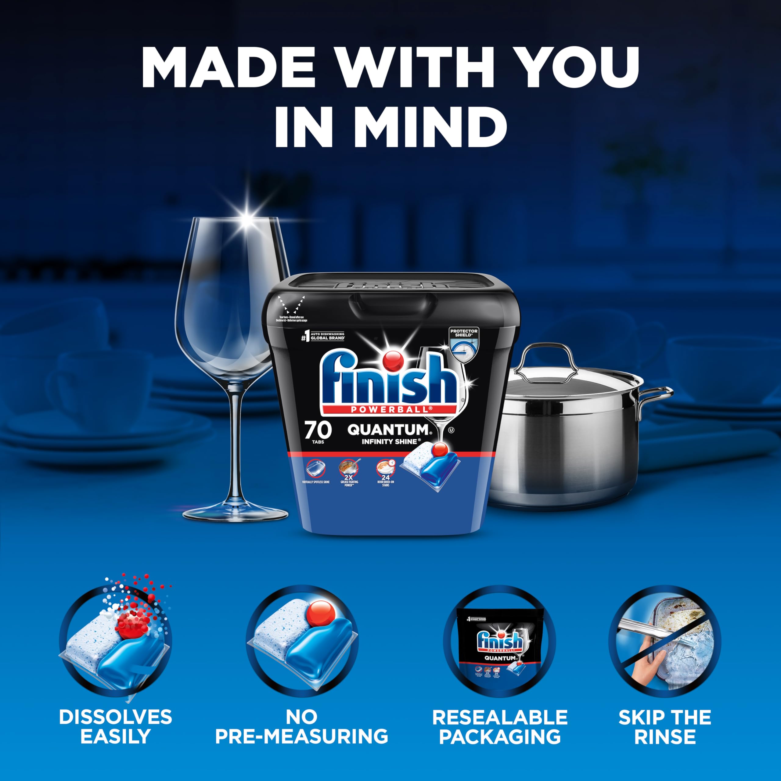 Finish® Quantum® Infinity Shine® Dishwasher Detergent Pods, 3 Chamber Formula with PowerBall, 2X Grease Fighting*, 24H Dried-On Stains, Shine Protection, No Pre-Rinse, 70 Tabs 🍁 All In One Marketplace Canada
