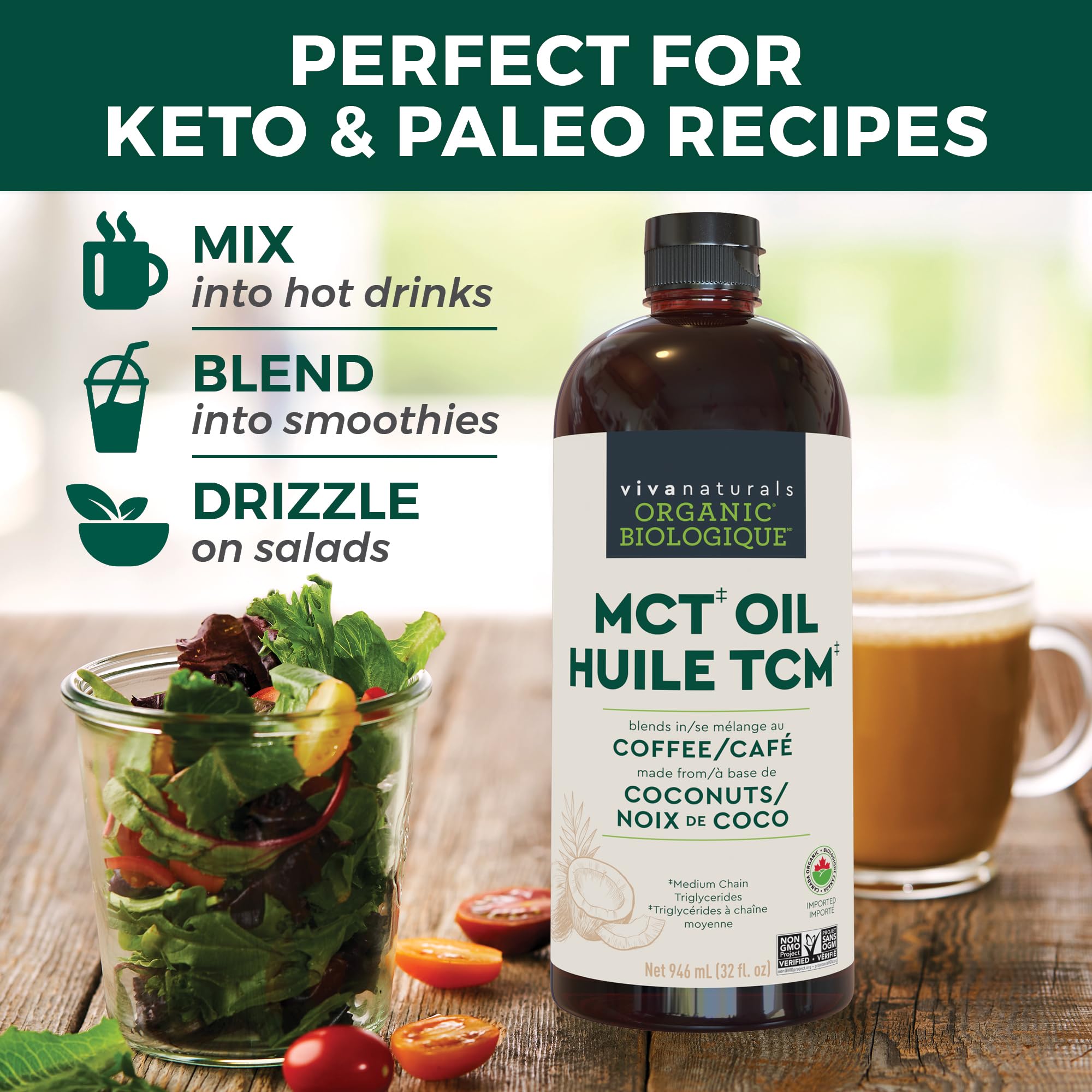 Viva Naturals MCT Oil Organic for Keto Coffee, Smoothies and Salad Dressings - Made from Organic Coconuts - Gluten Free, Dairy Free, Vegan, Keto & Paleo Certified - (946 mL, 32 fl oz) 🍁 All In One Marketplace Canada