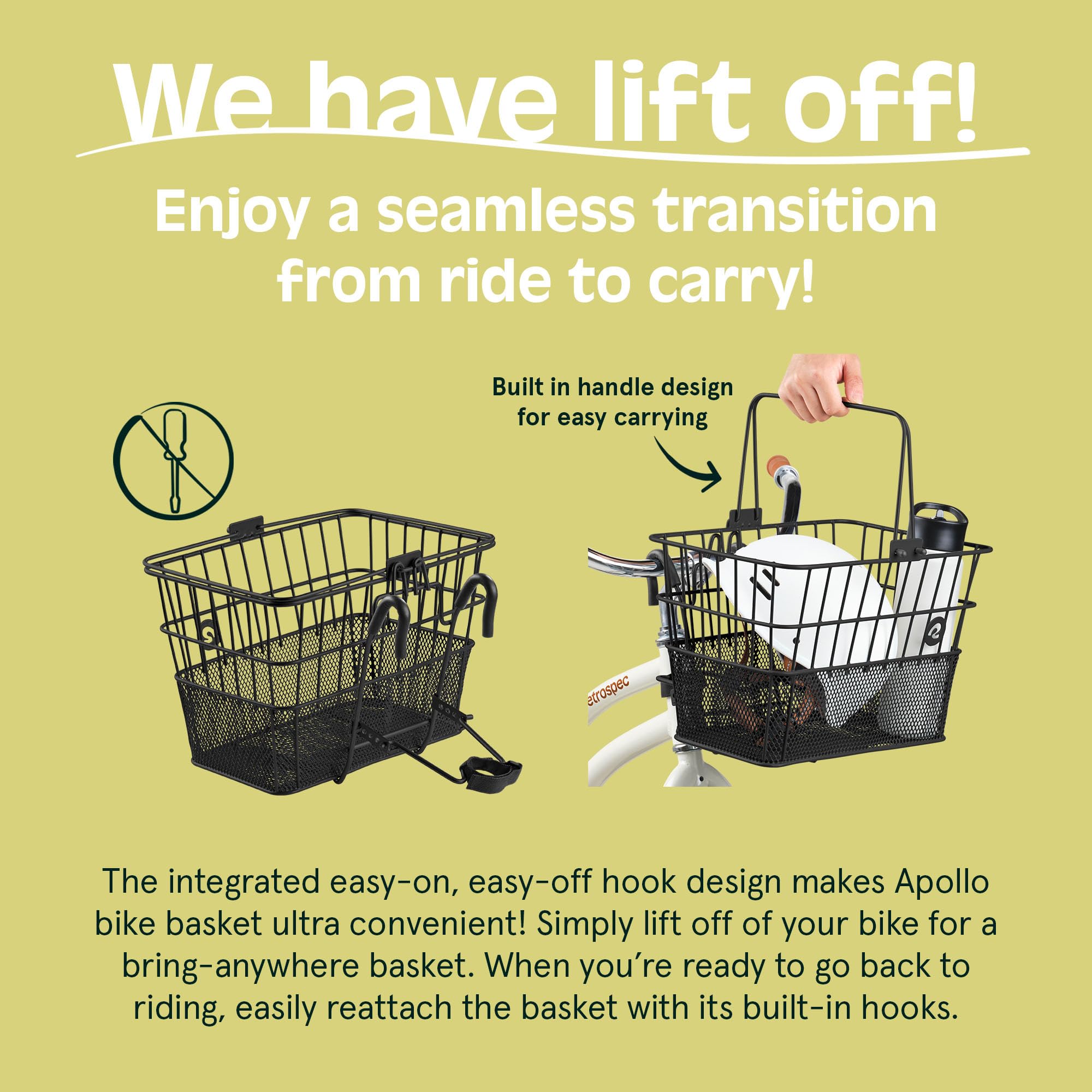 Retrospec Apollo Detachable Front Bike Basket Steel Half-Mesh with Integrated Detachable Hooks and Built-in Handle, Easy Assembly and Portability for Bicycles 🍁 All In One Marketplace Canada