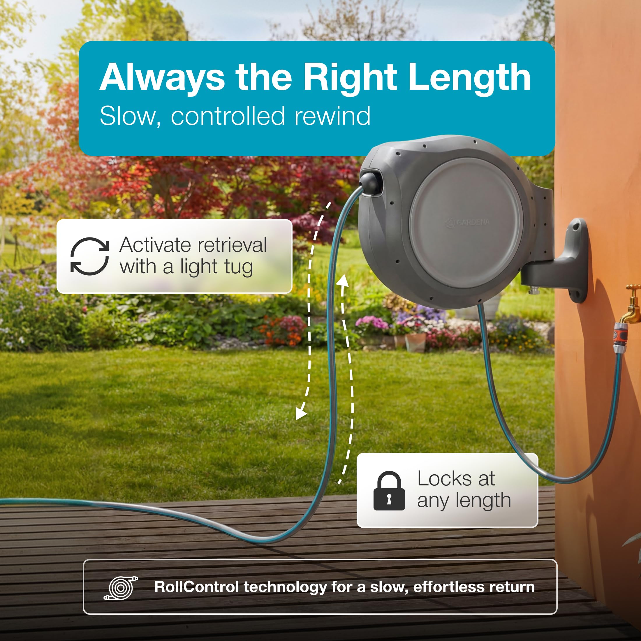 GARDENA 20505-80, 100 Foot Wall Mounted Retractable Reel with Hose Guide, Automatic retraction for Easy Watering,1/2