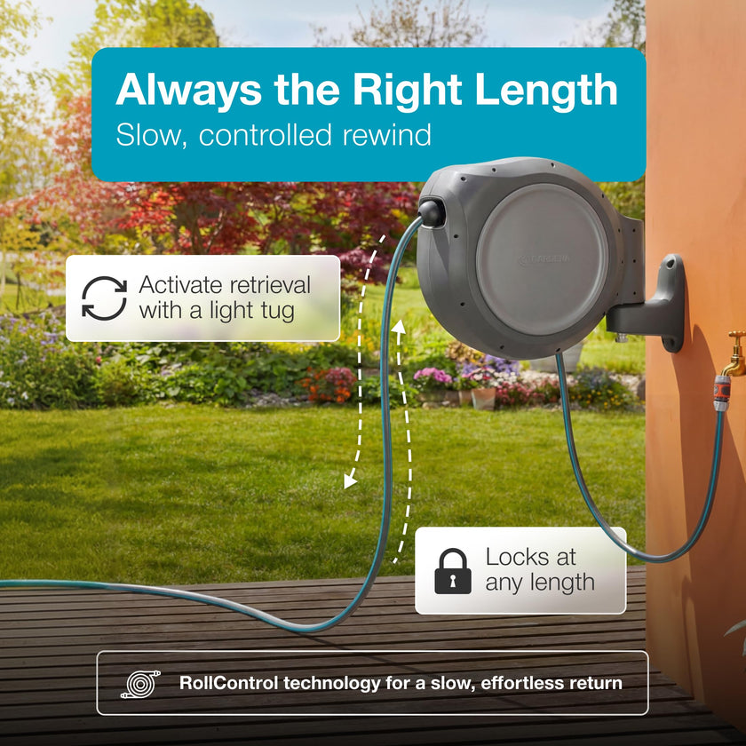 GARDENA 20505-80, 100 Foot Wall Mounted Retractable Reel with Hose Guide, Automatic retraction for Easy Watering,1/2