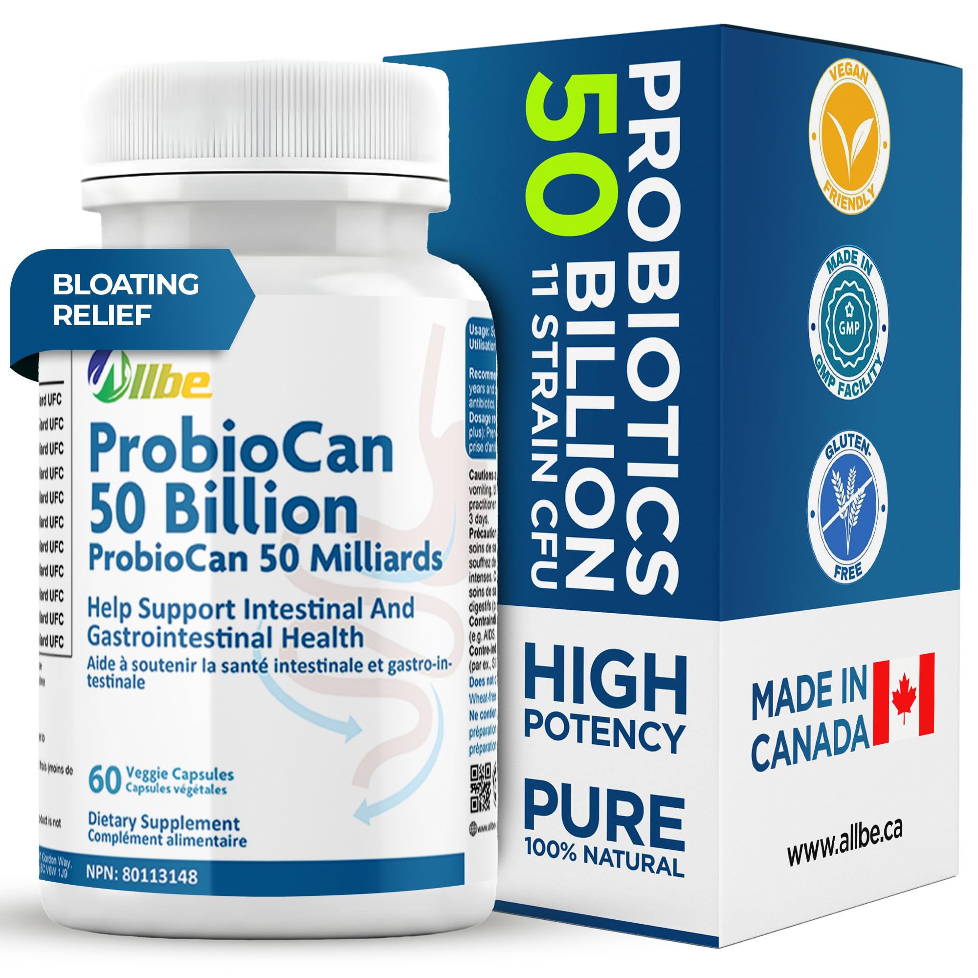 Allbe Probiotics for Men & Womens - 50 Billion CFU with 11 Strains, Lactobacillus, Acidophilus and L. Gasseri - Support Gut Health, Digestion, Weight Management and Bloating Relief - 60 Vegan Capsules, 1 Per Day 🍁 All In One Marketplace Canada