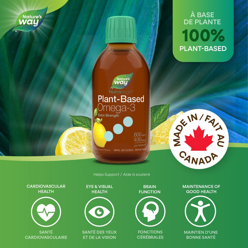 Nature's Way NutraVege Plant-based Omega 3 Supplement, Extra Strength Formula, Vegetarian, EPA + DHA from Algal Oil, Vegan, Lemon Flavour, 200 mL Liquid 🍁 All In One Marketplace Canada