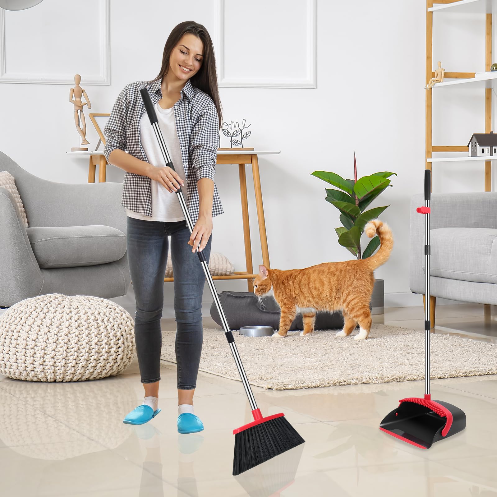Broom and Dustpan Set, 52-in Long Adjustable Handle Broom Dustpan Combo with Dustpan Teeth to Automatically Clean Hair Suitable for Home Kitchen Office Hall Floor（Black&Red） 🍁 All In One Marketplace Canada