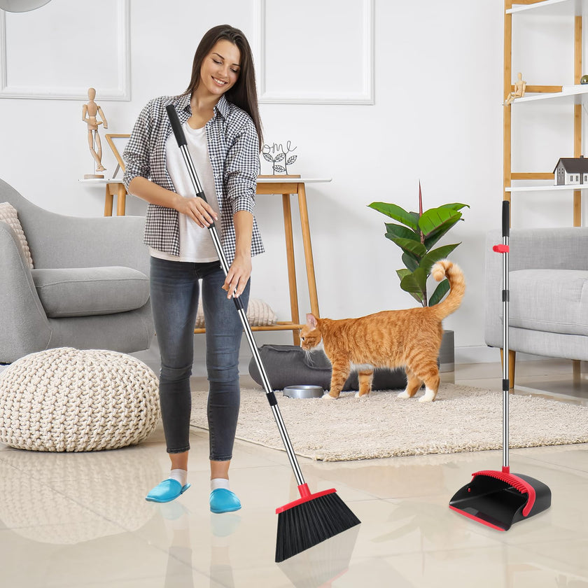 Broom and Dustpan Set, 52-in Long Adjustable Handle Broom Dustpan Combo with Dustpan Teeth to Automatically Clean Hair Suitable for Home Kitchen Office Hall Floor（Black&Red） 🍁 All In One Marketplace Canada