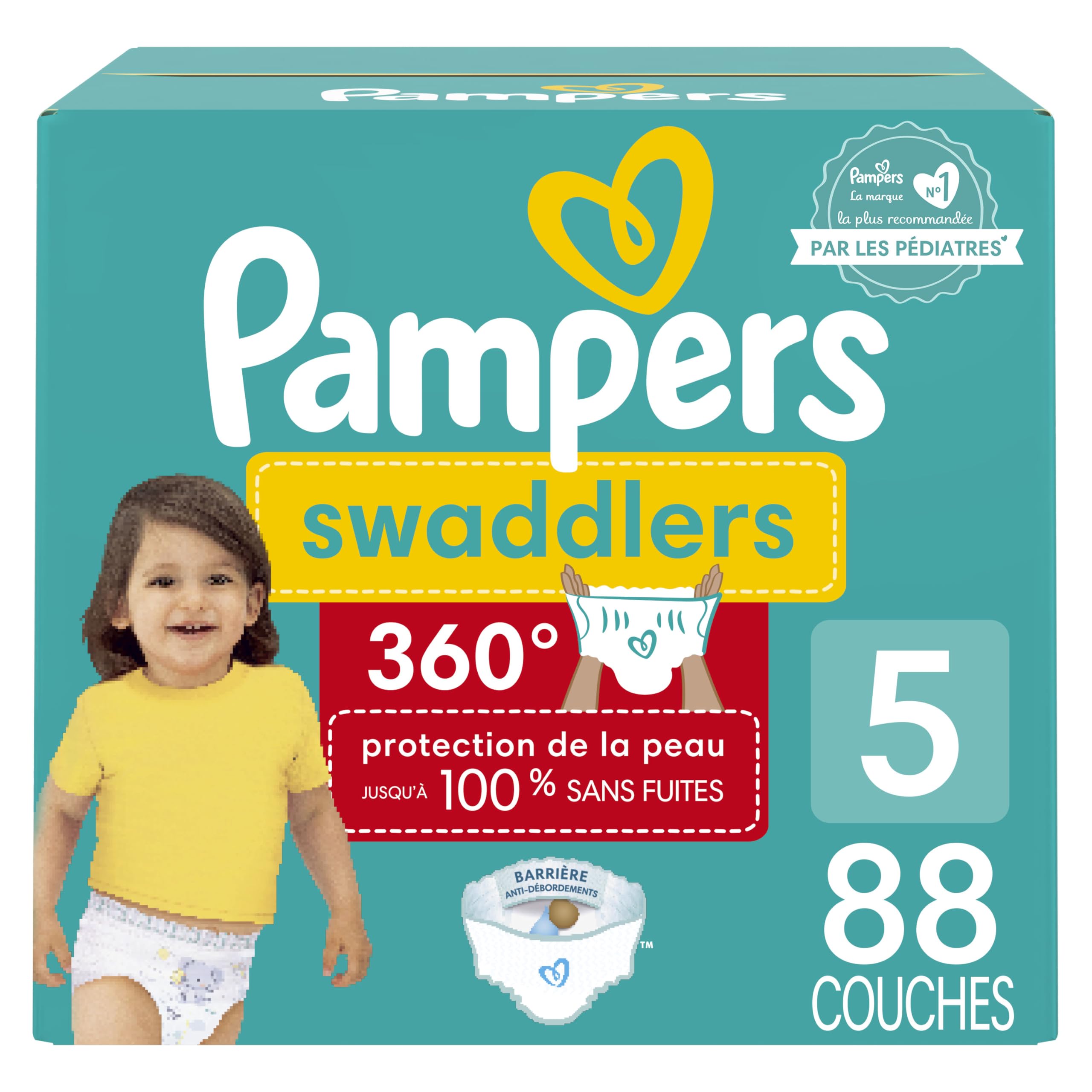 Pampers Diapers - Swaddlers 360 degrees - Size 5, 88 Count, up to 100% Leakproof Comfy Dry Fit, EZ Off Tabs Designed for Easy Changes, Pull On Diaper 🍁 All In One Marketplace Canada