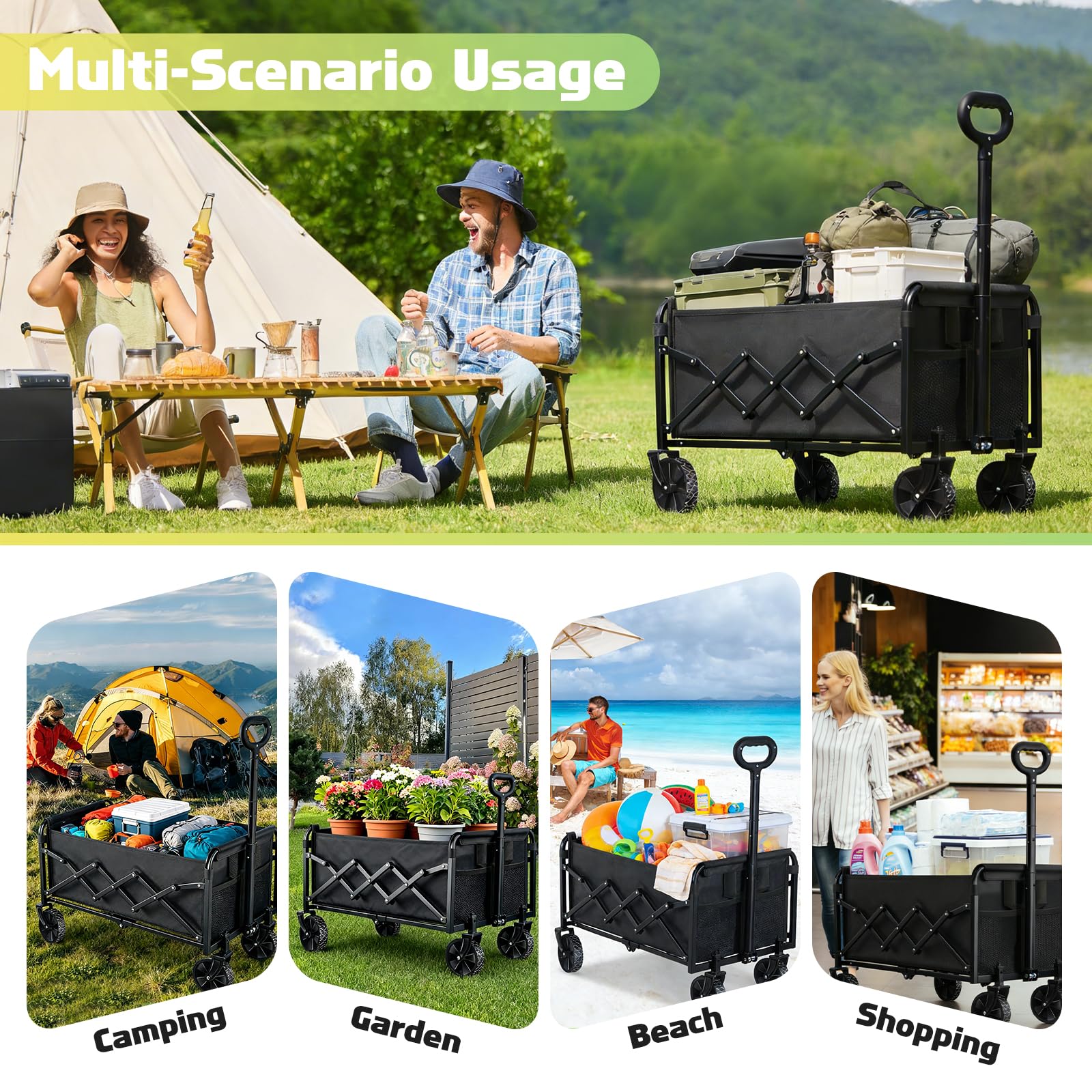 100KG Collapsible Foldable Wagon Carts - Heavy Duty Portable Folding Utility Wagons with All-Terrain Wheels for Grocery Sports Shopping Camping Garden Beach, 2 Drink Holders/Lightweight/Black 🍁 All In One Marketplace Canada