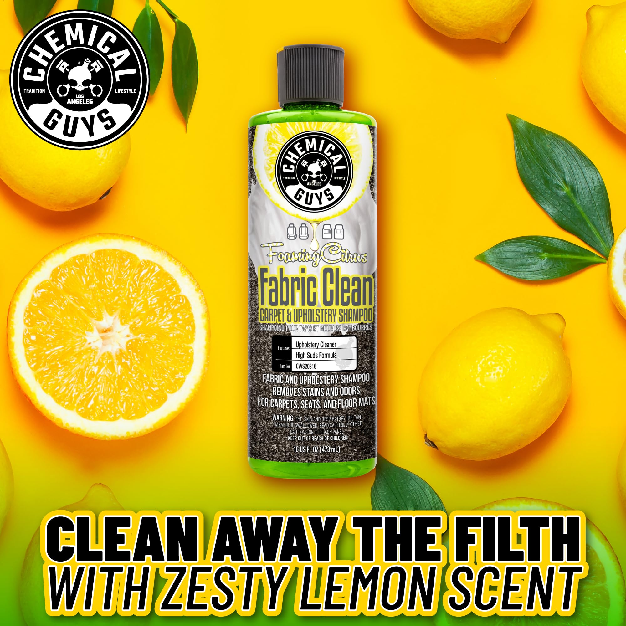 Chemical Guys Foaming Citrus Fabric Clean Carpet And Upholstery Shampoo And Odor Eliminator, Safe for Cars, Trucks, SUVs, Motorcycles, RVs & More, 473 ml, 2 Pack 🍁 All In One Marketplace Canada