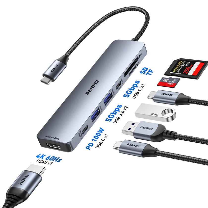 BENFEI 7-in-1 USB C Hub with HDMI(4K@60Hz), 2 USB-A, 1 USB-C Data, 100W Charge, SD/TF Card Reader, Silicone Tangle-Free Cable Compatible with MacBook Pro/Air, iPad Pro, iMac, iPhone 15 Pro/Pro Max 🍁 All In One Marketplace Canada