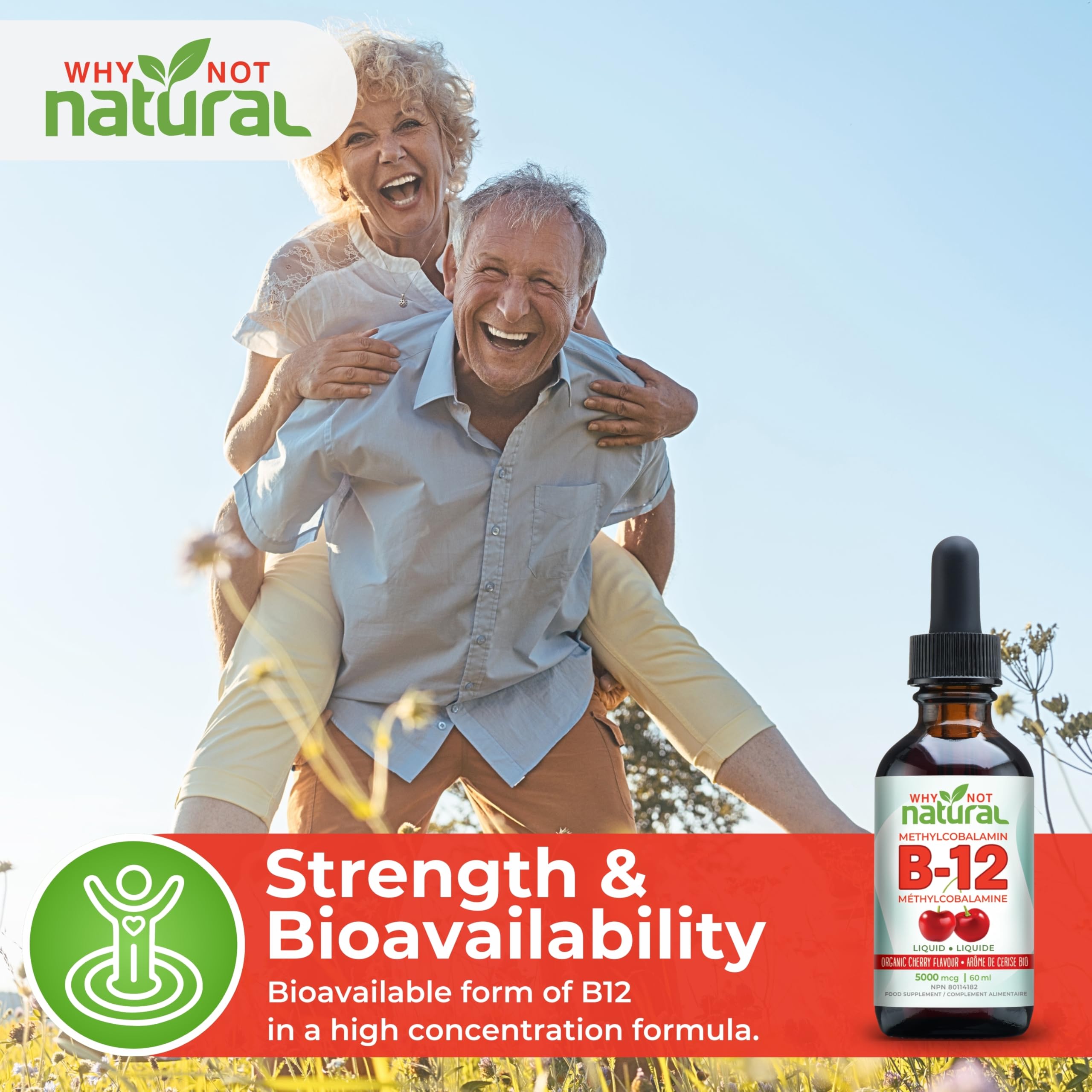 Organic Vitamin B12 Liquid - Sublingual Extra Strength 60 x 5000 mcg Drops, Methylcobalamin, Natural Cherry Flavor, Vegan, Maximize Absorption and Energy 🍁 All In One Marketplace Canada