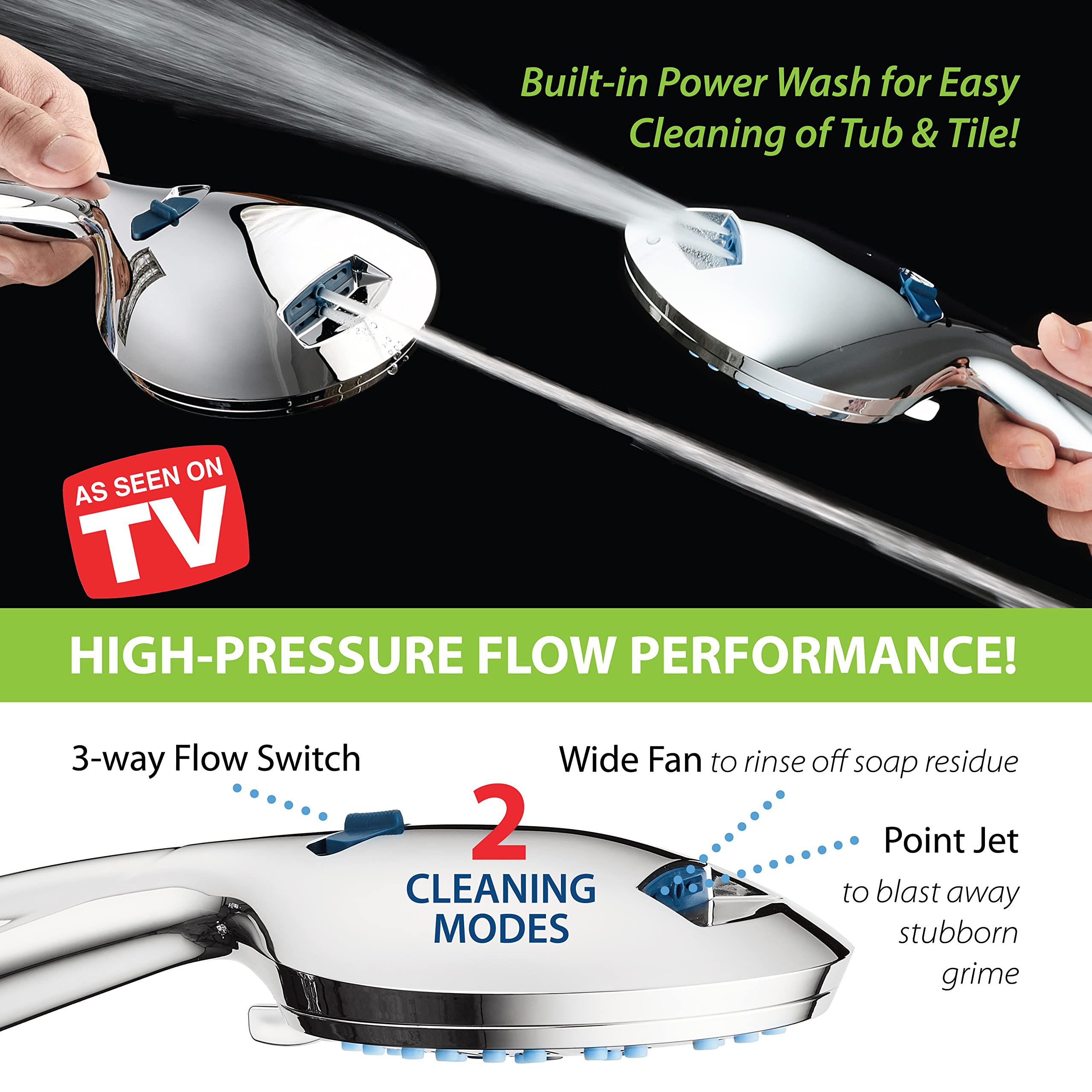 AquaCare High Pressure 8-Mode Handheld Shower Head - Anti-Clog Nozzles, Built-in Power Wash to Clean Tub, Tile & Pets, Extra Long 6 ft. Stainless Steel Hose, Wall & Overhead Brackets 🍁 All In One Marketplace Canada