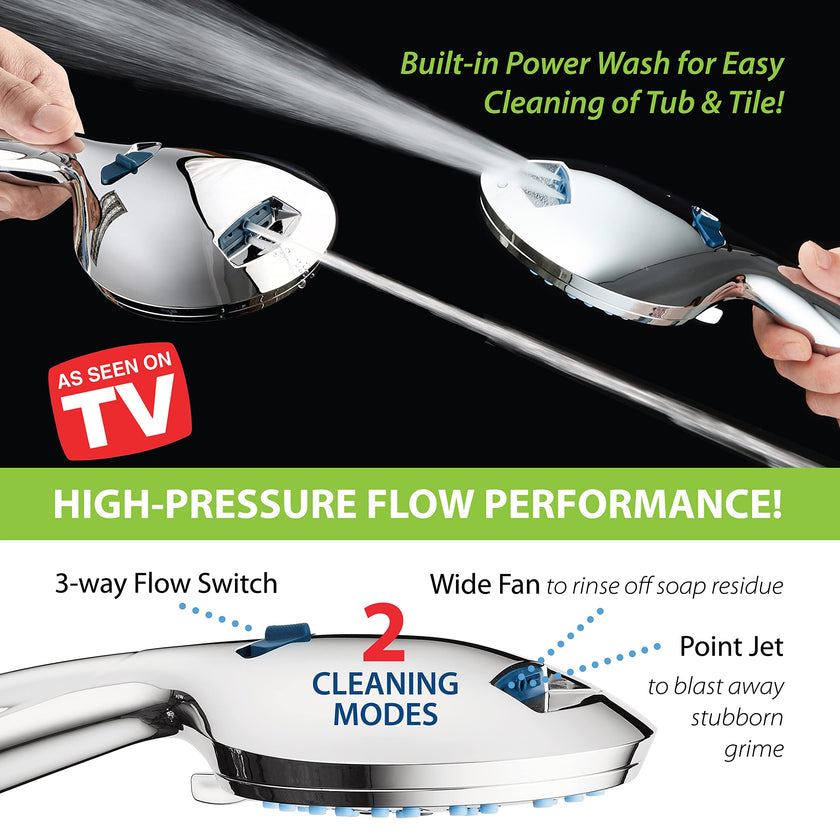 AquaCare High Pressure 8-Mode Handheld Shower Head - Anti-Clog Nozzles, Built-in Power Wash to Clean Tub, Tile & Pets, Extra Long 6 ft. Stainless Steel Hose, Wall & Overhead Brackets 🍁 All In One Marketplace Canada