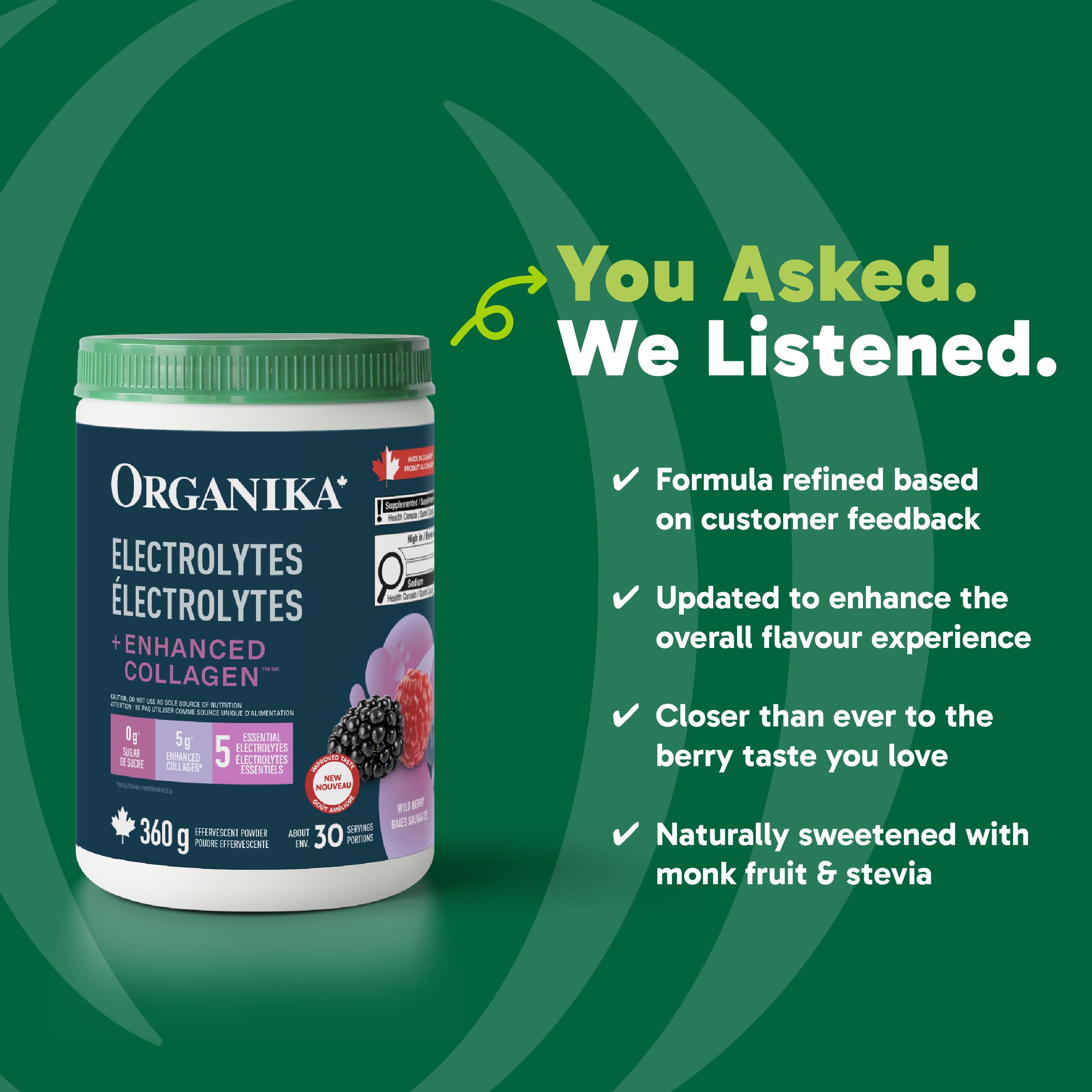 Organika Canadian-Made Electrolytes + Enhanced Collagen - Daily Hydration Powder with 5g of Collagen for Hair, Skin and Nails, 100% of Daily Vitamin C, Wildberry Flavour, 360 g, 30 Servings 🍁 All In One Marketplace Canada