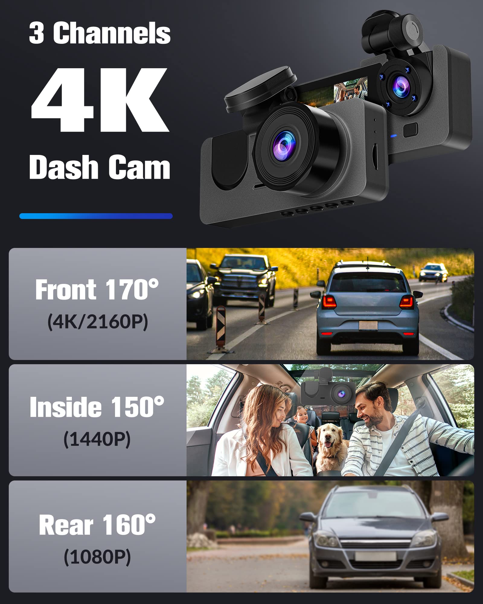 Dash Camera for Cars, 4K Dash Cam Front and Rear, Triple Car Camera with 32GB Card,Built-in IR Night Vision,2.0'' IPS Screen,170°Wide Angle,WDR,HDR,G-Sensor,24H Parking Mode, Loop Recording 🍁 All In One Marketplace Canada