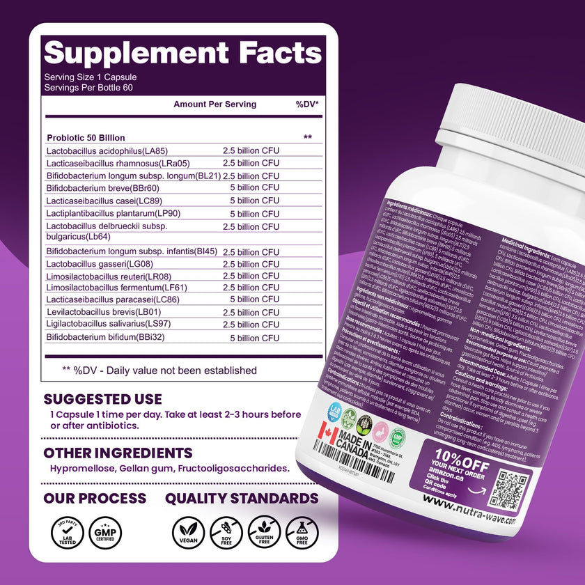 Nutrawave 50 BILLION Probiotics Women & Men, 15 Strains Active Culture. Relieves Bloating and Constipation, Improved Digestion and Gut Health Supplement, Non-GMO, Vegan, Gluten Free. 60 Vegan Capsules/ 60 Day Supply 🍁 All In One Marketplace Canada