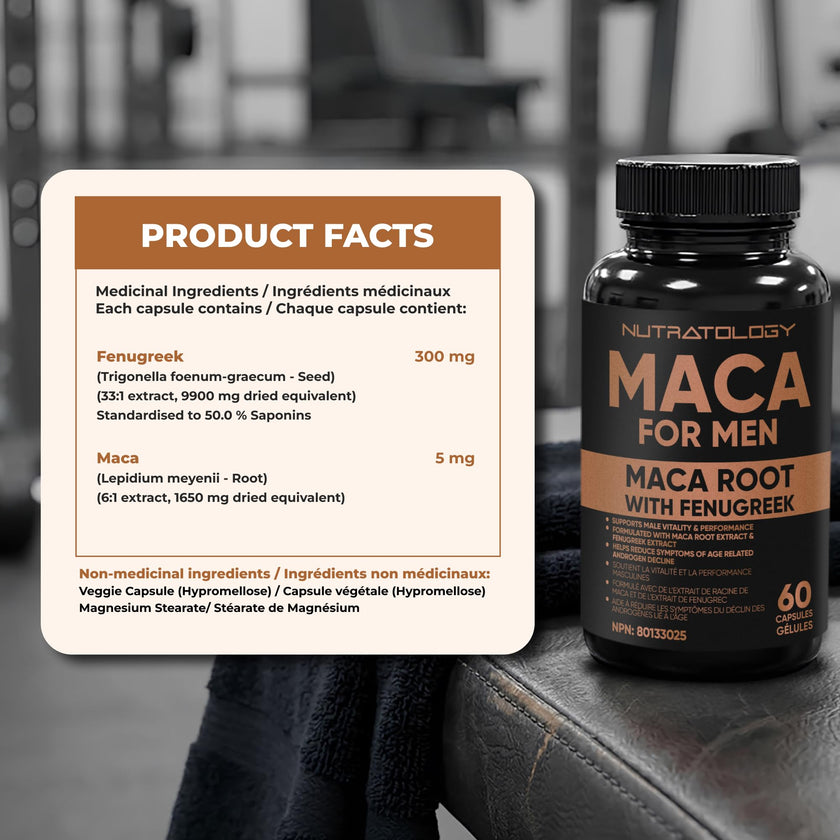 Nutratology® Maca for Men | Canadian Made | Helps Increase Stamina & Energy | Formulated with a 6:1 Extract & 33:1 Fenugreek Extract | Maca Root With Fenugreek Supplement for Men | 60 Capsules 🍁 All In One Marketplace Canada