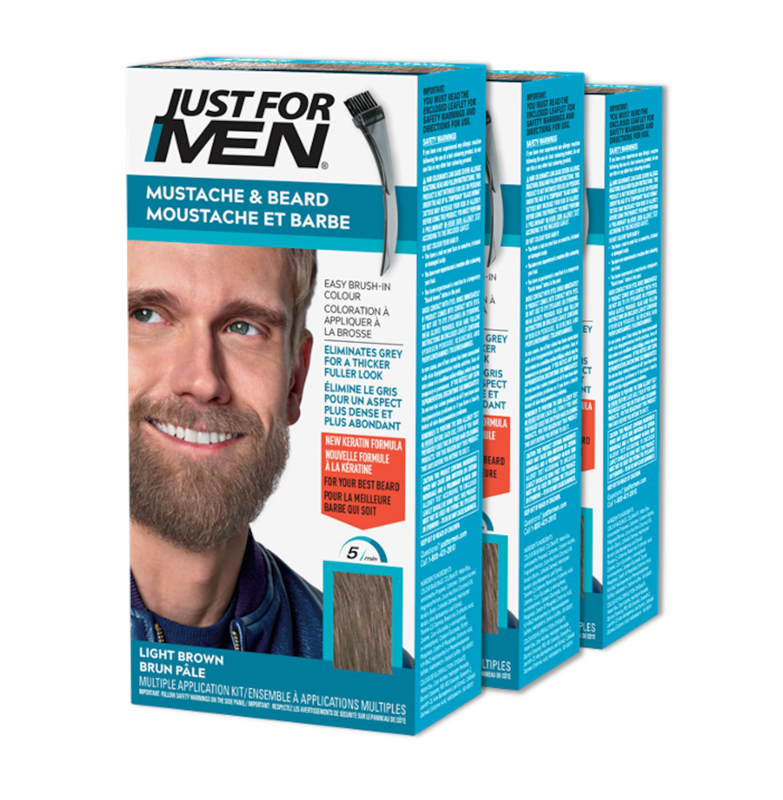 Just For Men Mustache & Beard, Beard Dye for Men with Brush Included for Easy Application, With Biotin Aloe and Coconut Oil for Healthy Facial Hair, Light Brown, M-25 (3 Count) 🍁 All In One Marketplace Canada