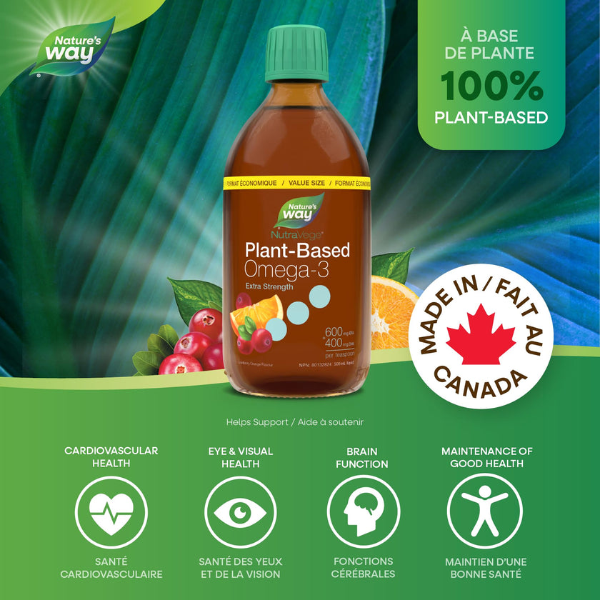 Nature's Way NutraVege Plant-based Omega-3 Supplement, Extra Strength Formula, Vegetarian, EPA + DHA from Algal Oil, Vegan, Cranberry Orange Flavour, 500 mL Liquid, Value Size 🍁 All In One Marketplace Canada