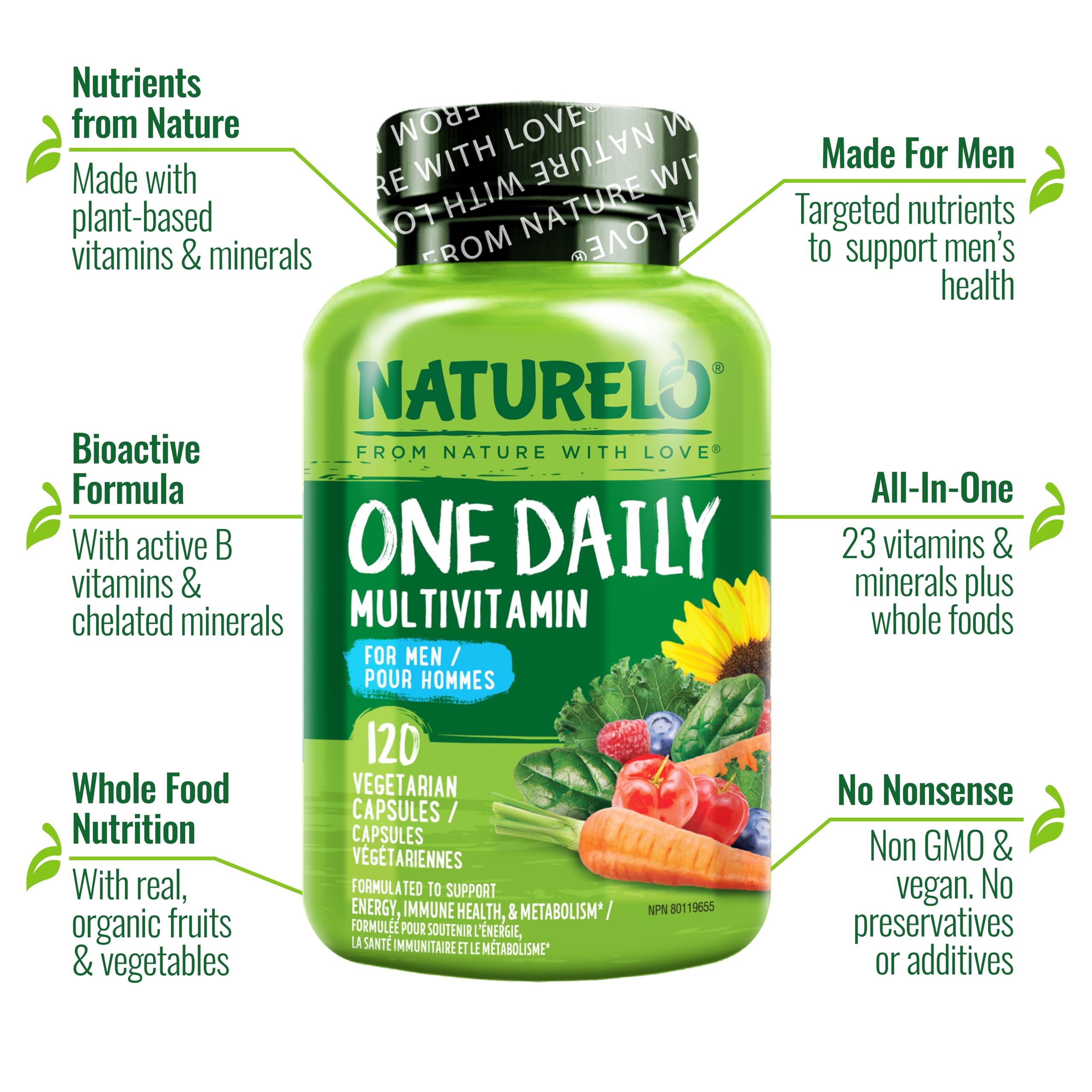 NATURELO Mens Multivitamins - One Daily Multivitamin for Men with Vitamins, Minerals & Organic Whole Foods, Boost Energy & Health, Non-GMO, 120 Vegetarian Capsules 🍁 All In One Marketplace Canada