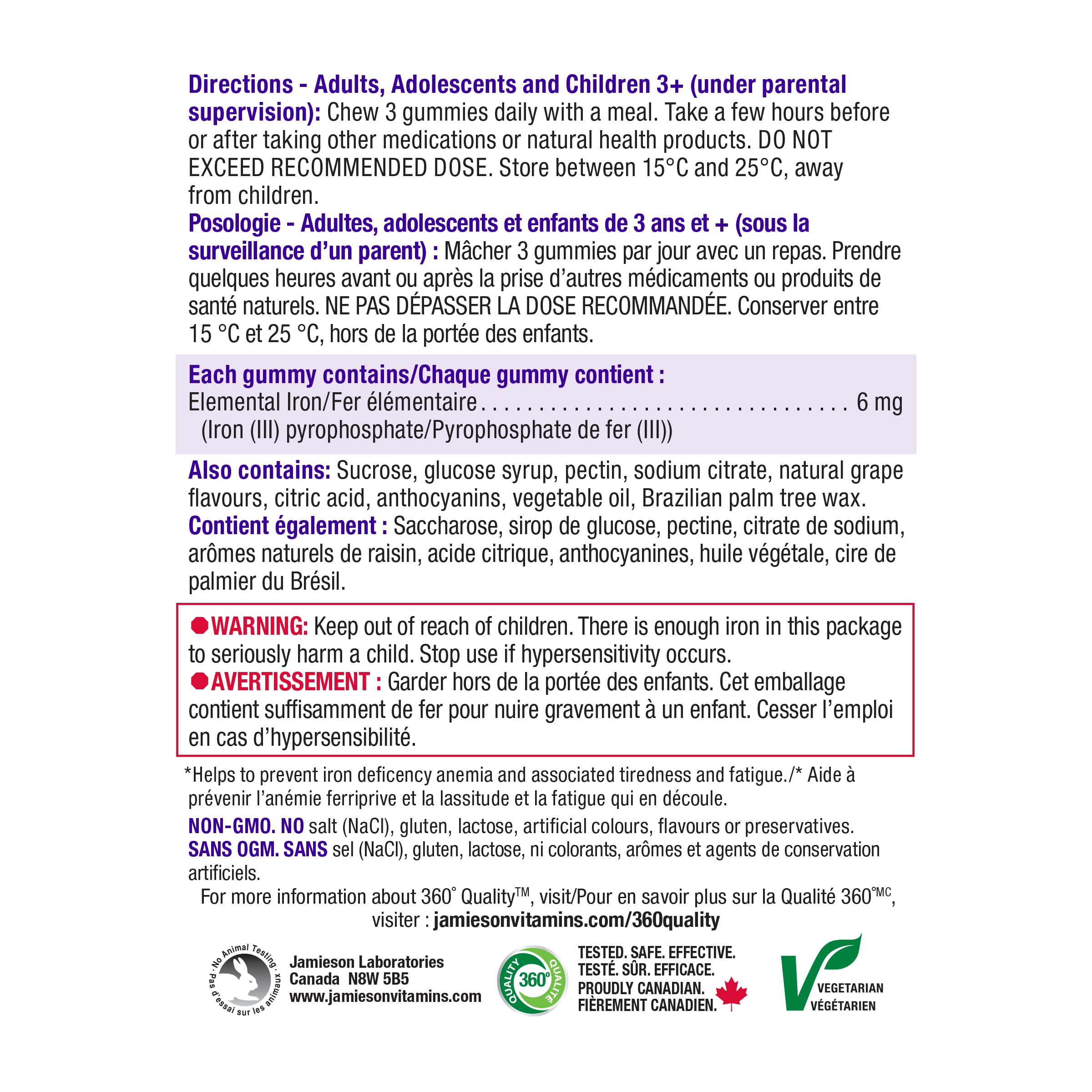 Jamieson Iron Gummies Grape Flavour, 90 Gummies, Supports Overall Health, Helps with Fatigue, Prevents Deficiency and Anemia. Vegetarian, Non-GMO, No Artificial Colours, Flavours or Preservatives 🍁 All In One Marketplace Canada