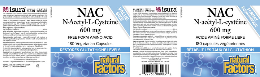 Natural Factors NAC Supplement (N-Acetyl-L-Cysteine), 600 mg, 180 Vegetarian Capsules, VALUE SIZE, Free Form Amino Acid, Helps Restore Glutathione Levels, Antioxidant Support, Proudly Canadian 🍁 All In One Marketplace Canada