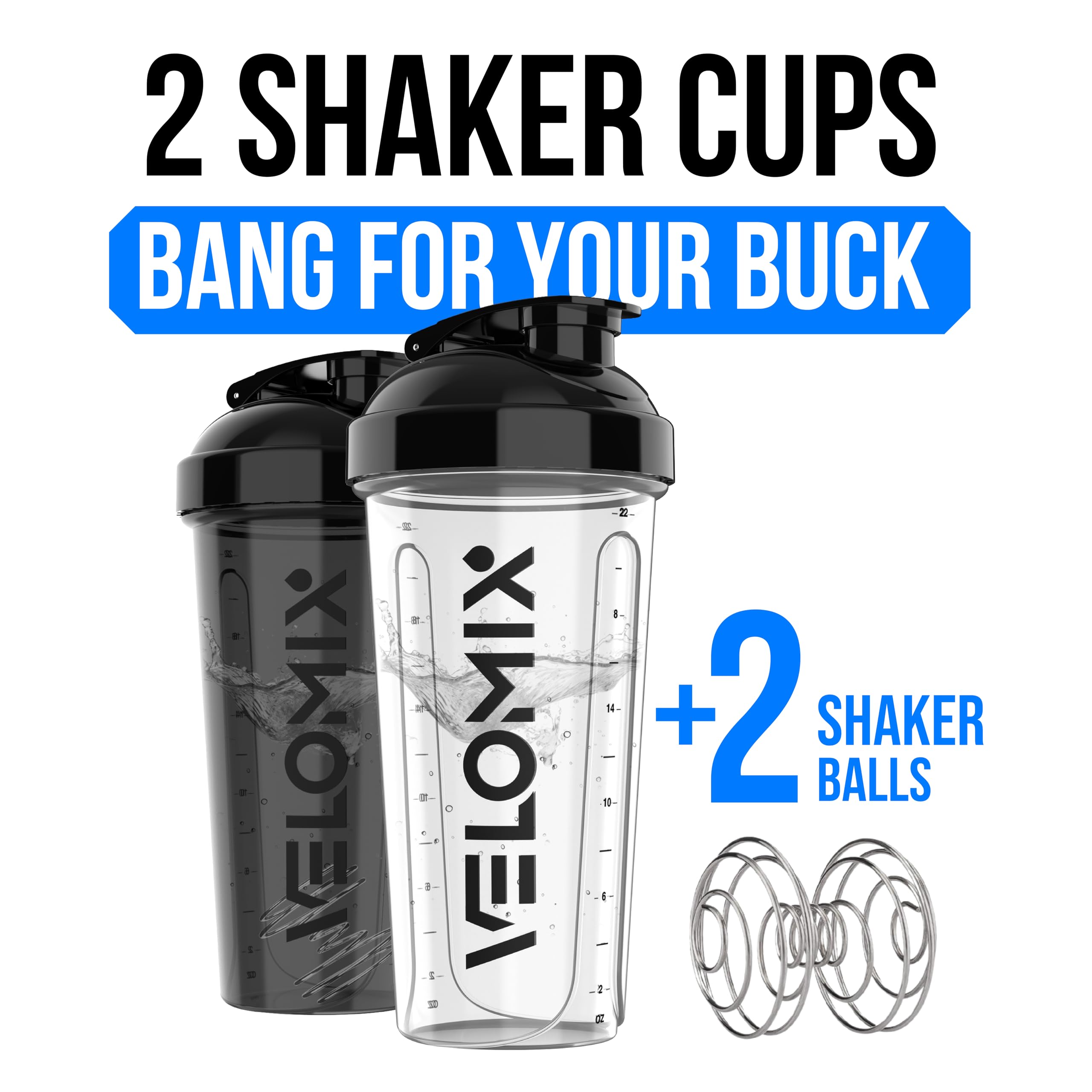 VELOMIX -2 Pack- 28 oz Protein Shaker Bottles for Protein Mixes - 2x Wire Whisk | Leak Proof Shaker Cups for Protein Shakes | Protein Shaker Bottle Pack | Shakers (Transparent & Black - 28oz) 🍁 All In One Marketplace Canada
