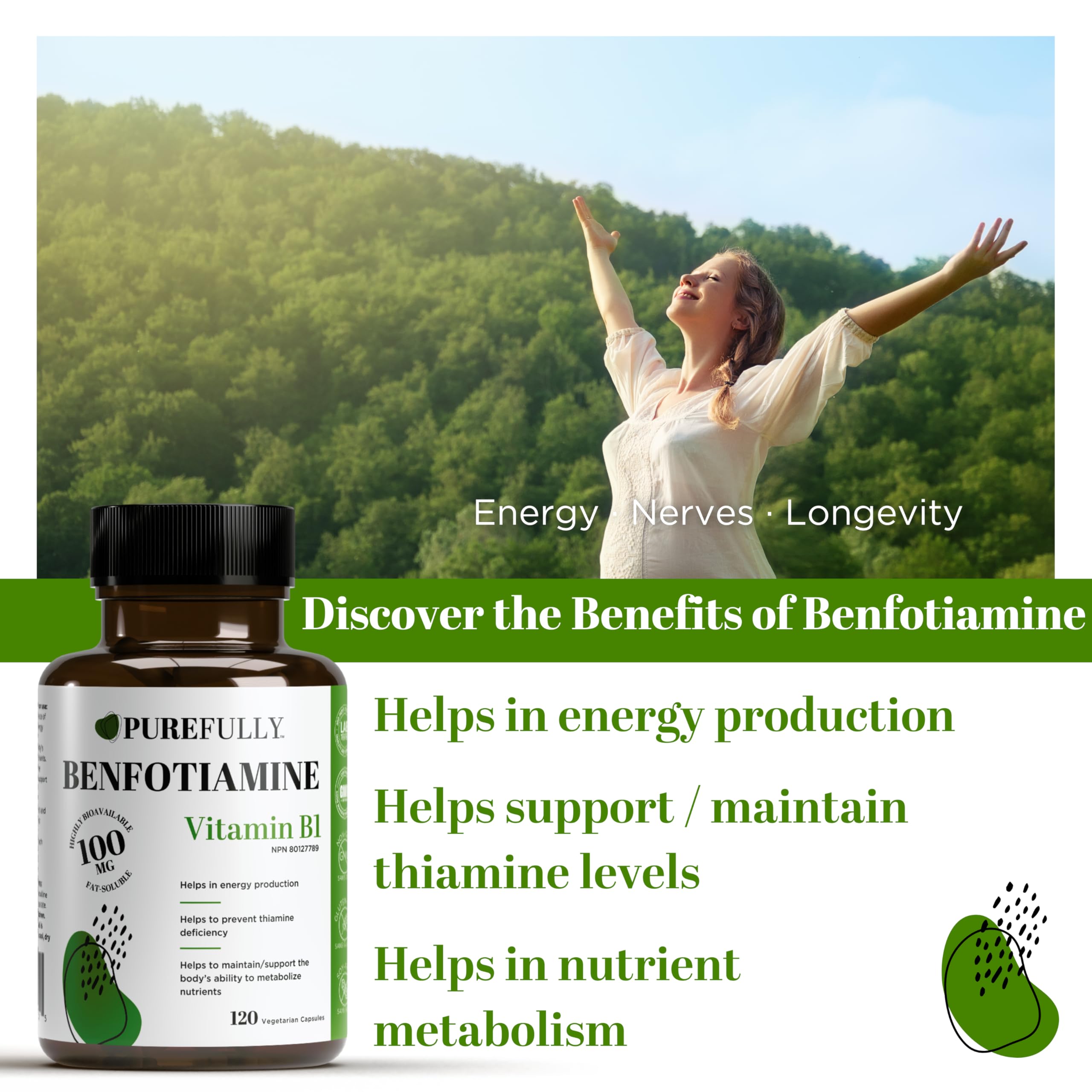 PUREFULLY Benfotiamine Vitamin B1/Thiamine 100mg, 120 Capsules - High Absorption Energy Support - Gluten Free, Non-GMO, Made in Canada 🍁 All In One Marketplace Canada