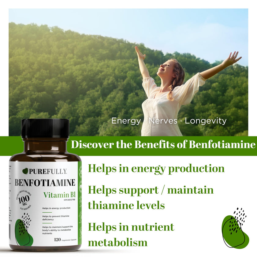 PUREFULLY Benfotiamine Vitamin B1/Thiamine 100mg, 120 Capsules - High Absorption Energy Support - Gluten Free, Non-GMO, Made in Canada 🍁 All In One Marketplace Canada