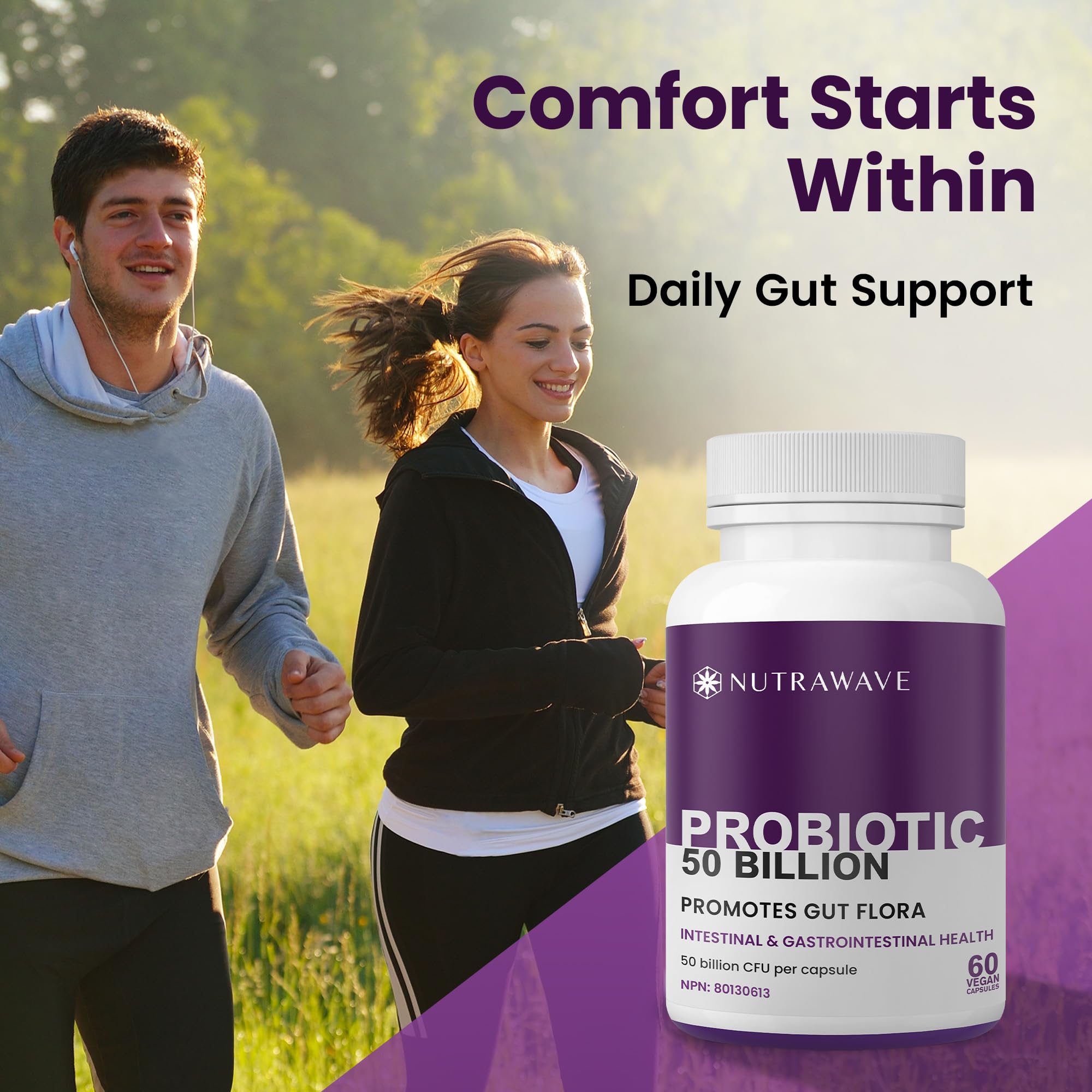 Nutrawave 50 BILLION Probiotics Women & Men, 15 Strains Active Culture. Relieves Bloating and Constipation, Improved Digestion and Gut Health Supplement, Non-GMO, Vegan, Gluten Free. 60 Vegan Capsules/ 60 Day Supply 🍁 All In One Marketplace Canada