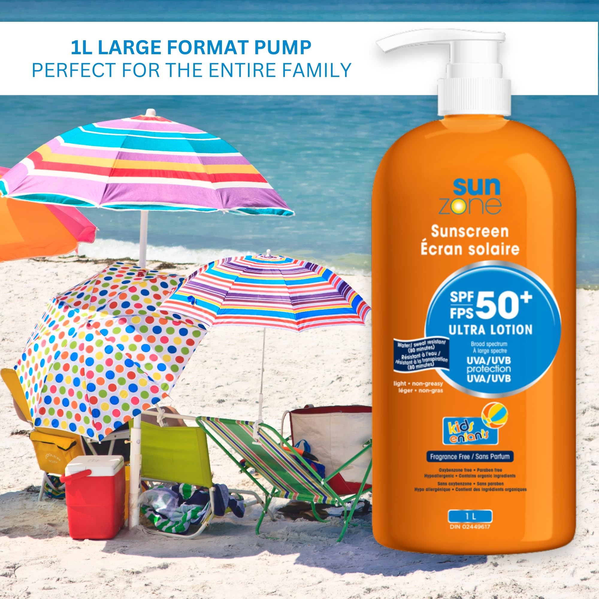 Sunzone | SUNSCREEN SPF 50+ Ultra Lotion | Broad Spectrum UVA/UVB Protection | Light, Non-Greasy, Water resistant (80 minutes) | Fragrance Free | 1L Bottle with pump | MADE IN CANADA 🍁 All In One Marketplace Canada