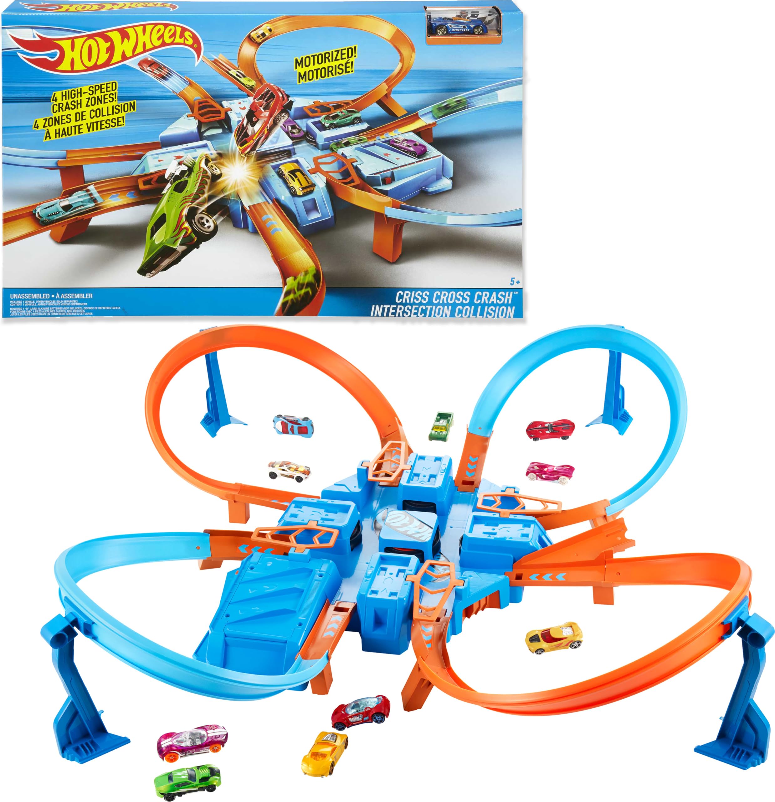 Hot Wheels Track Set with 1:64 Scale Toy Car, 4 Intersections for Crashing, Powered by a Motorized Booster, Criss-Cross Crash Track 🍁 All In One Marketplace Canada