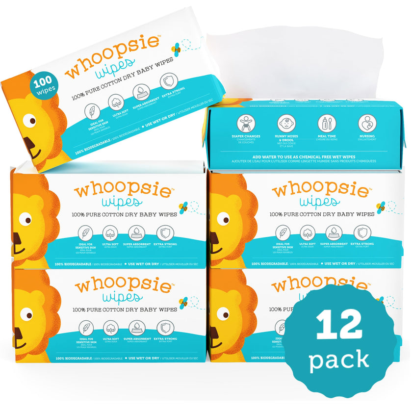 Whoopsie Wipes – The Original 100% Pure Cotton Dry Baby Wipes – Ultra Soft, Unscented, Chemical-Free Wipes for Sensitive Skin – Use Dry or Add Water for Wet Wipes – 12 Packs (1200 Count) 🍁 All In One Marketplace Canada