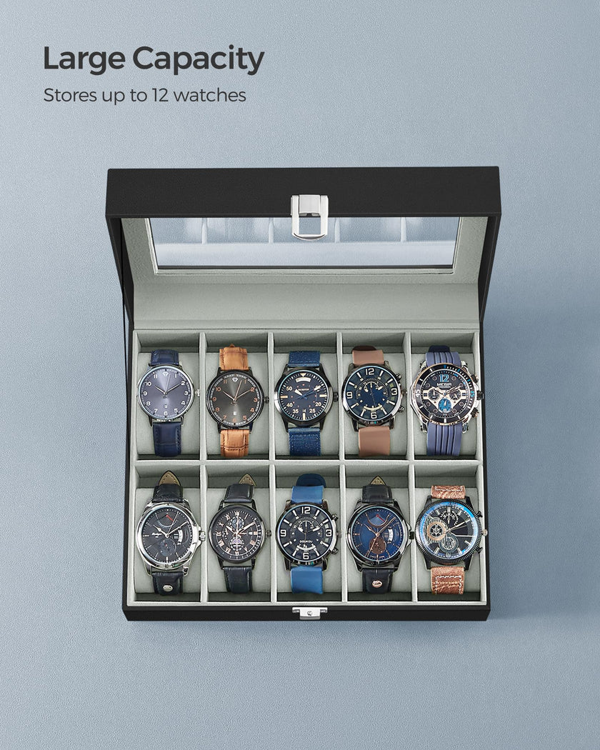 SONGMICS Watch Box, 10-Slot Watch Case Organizer with Large Glass Lid, Removable Pillows, Gift for Loved Ones, Black Synthetic Leather, Gray Lining UJWB010BK 🍁 All In One Marketplace Canada