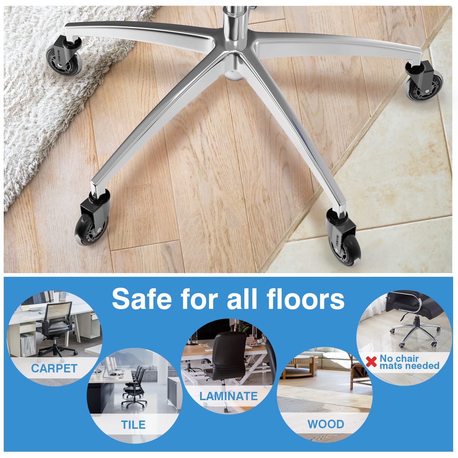 Office Chair Caster Wheels Replacement Rubber Chair Casters (Set of 5), 3 Inch Heavy-Duty Office Chair casters for Hardwood Floors Carpet and Tile Floors Universal fit 🍁 All In One Marketplace Canada