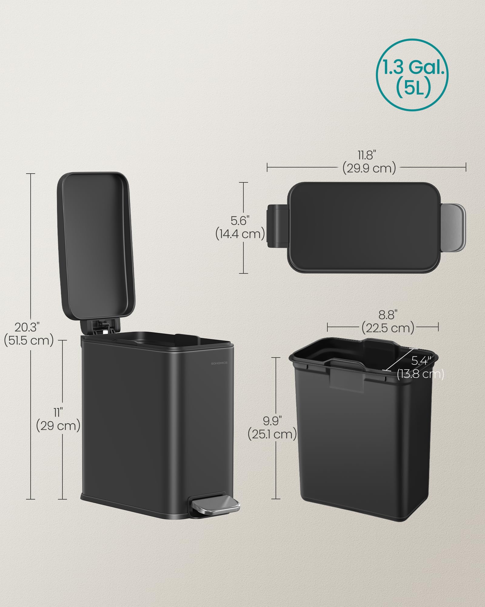 SONGMICS Bathroom Trash Can, Small Trash Bin with Lid, Slim for Small Spaces, Stainless Steel Garbage Can, Soft Close, 1.3 Gallon (5 L) Black ULTB560B05 🍁 All In One Marketplace Canada