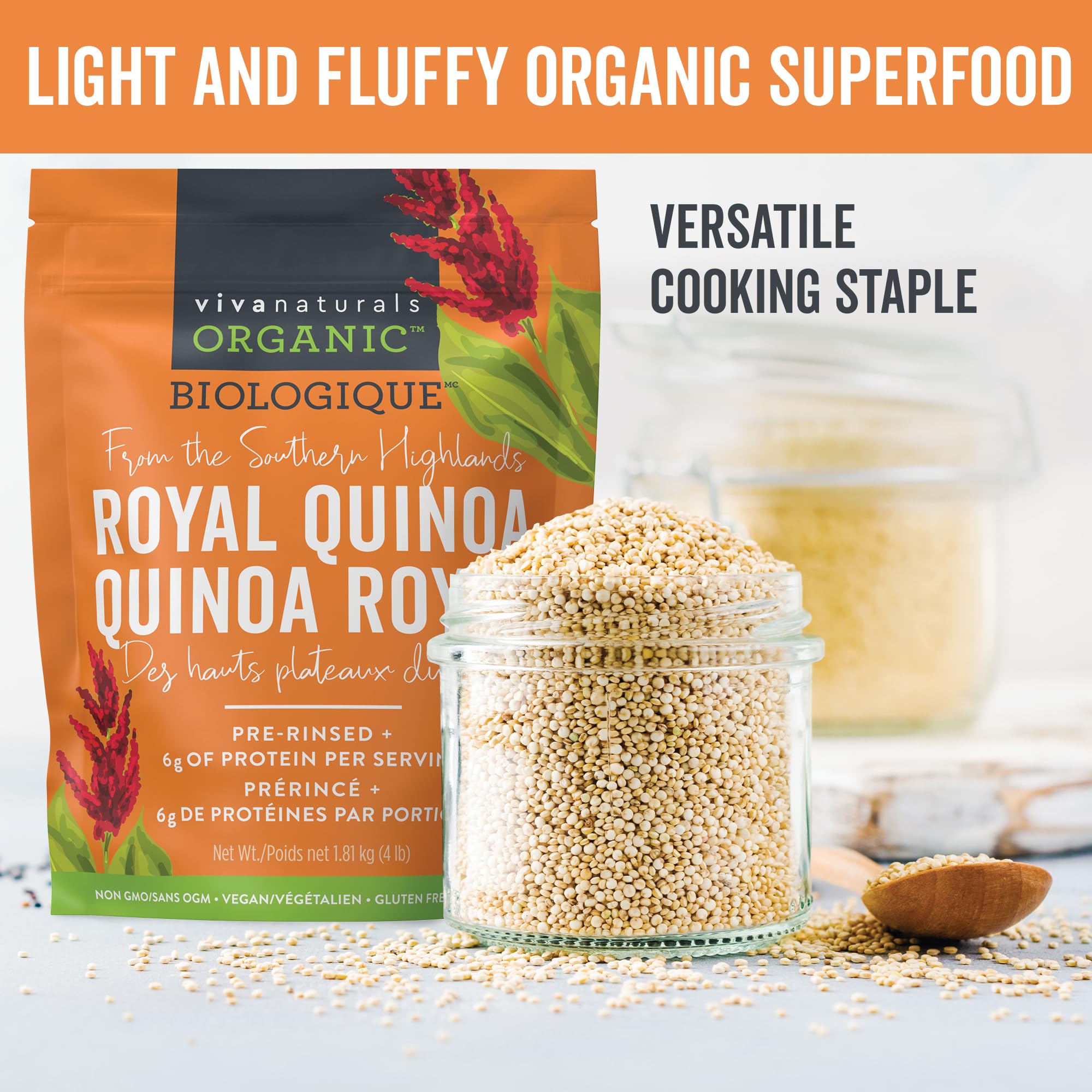 Viva Naturals Organic Quinoa (4 lb) – Quinoa Organic, Non-GMO & Pre-Washed Whole Grain | Gluten-Free Vegan Plant Protein, Source of Fibre & Iron, Puffed Rice & Pasta Substitute 🍁 All In One Marketplace Canada