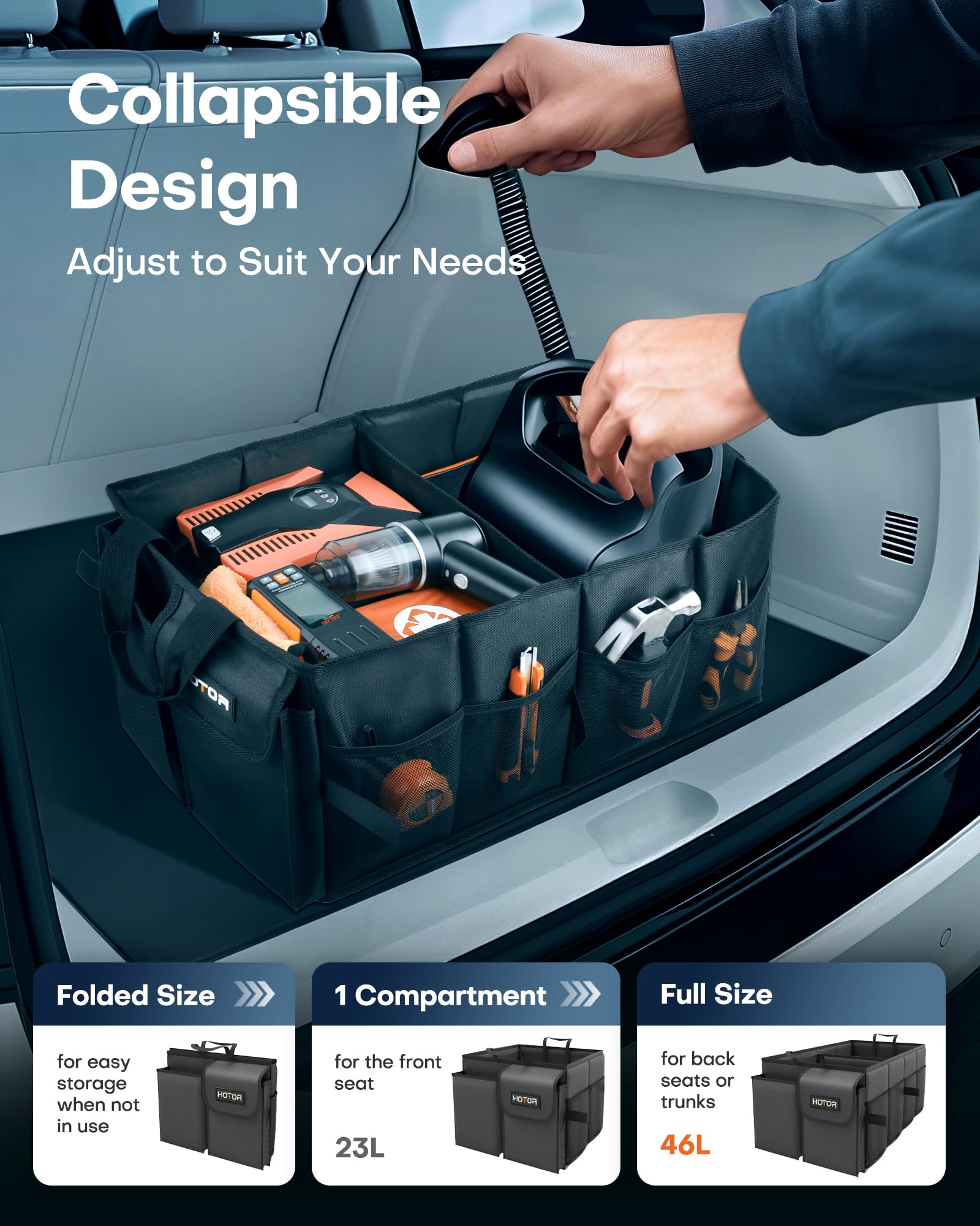 HOTOR Trunk Organizer - Car Organizer, Foldable Trunk organizer for SUVs & Sedans, Car Accessories, Tools, Sundries, 2 Compartments, Black 🍁 All In One Marketplace Canada