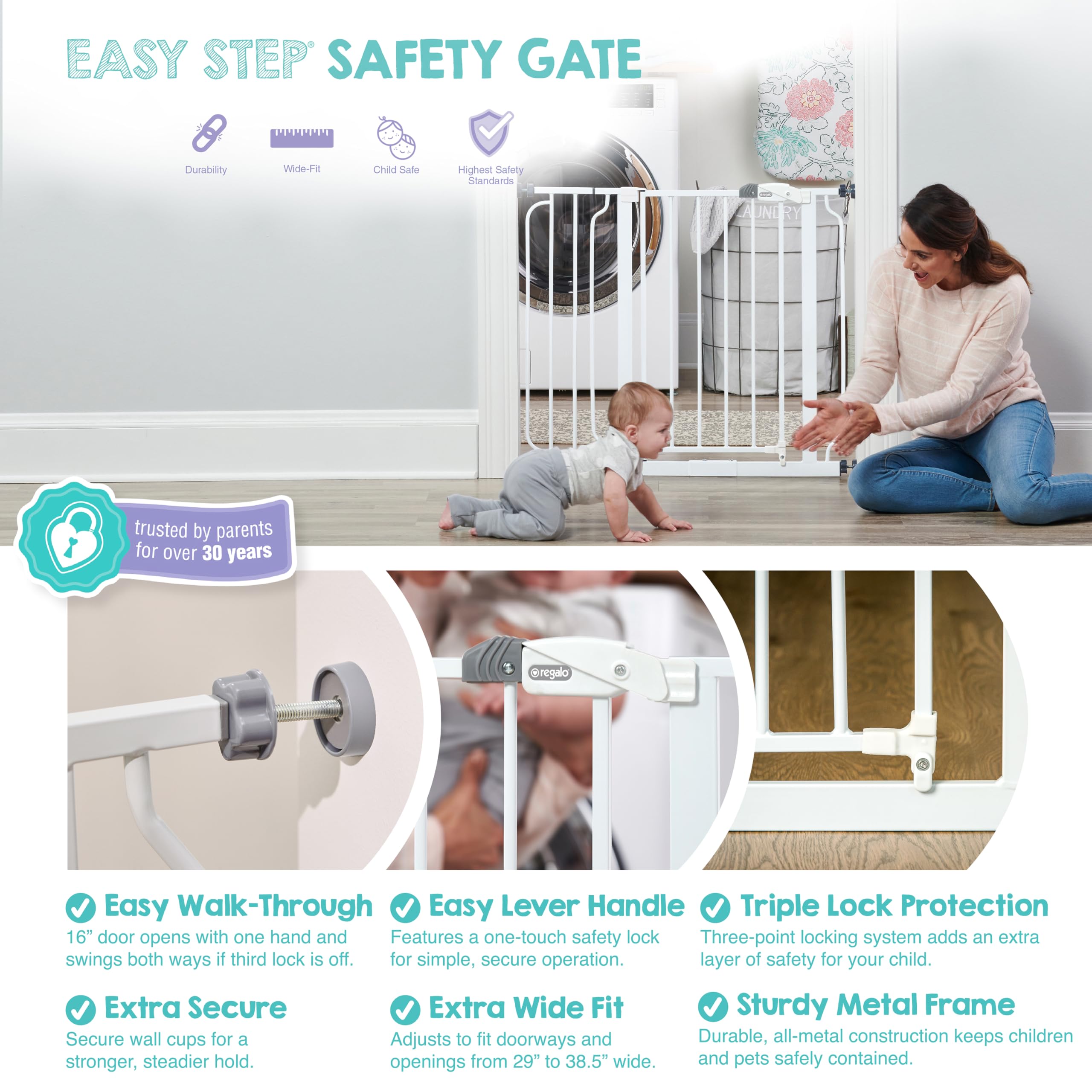 Regalo Easy Step 38.5-Inch (97.75cm) Extra Wide Baby Gate, Award Winning Brand, Includes 6-Inch (15.25cm) Extension Kit, 4 Pack Pressure Mount Kit and 4 Pack Wall Mount Kit 🍁 All In One Marketplace Canada