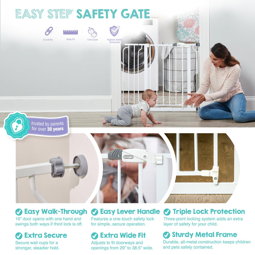 Regalo Easy Step 38.5-Inch (97.75cm) Extra Wide Baby Gate, Award Winning Brand, Includes 6-Inch (15.25cm) Extension Kit, 4 Pack Pressure Mount Kit and 4 Pack Wall Mount Kit 🍁 All In One Marketplace Canada
