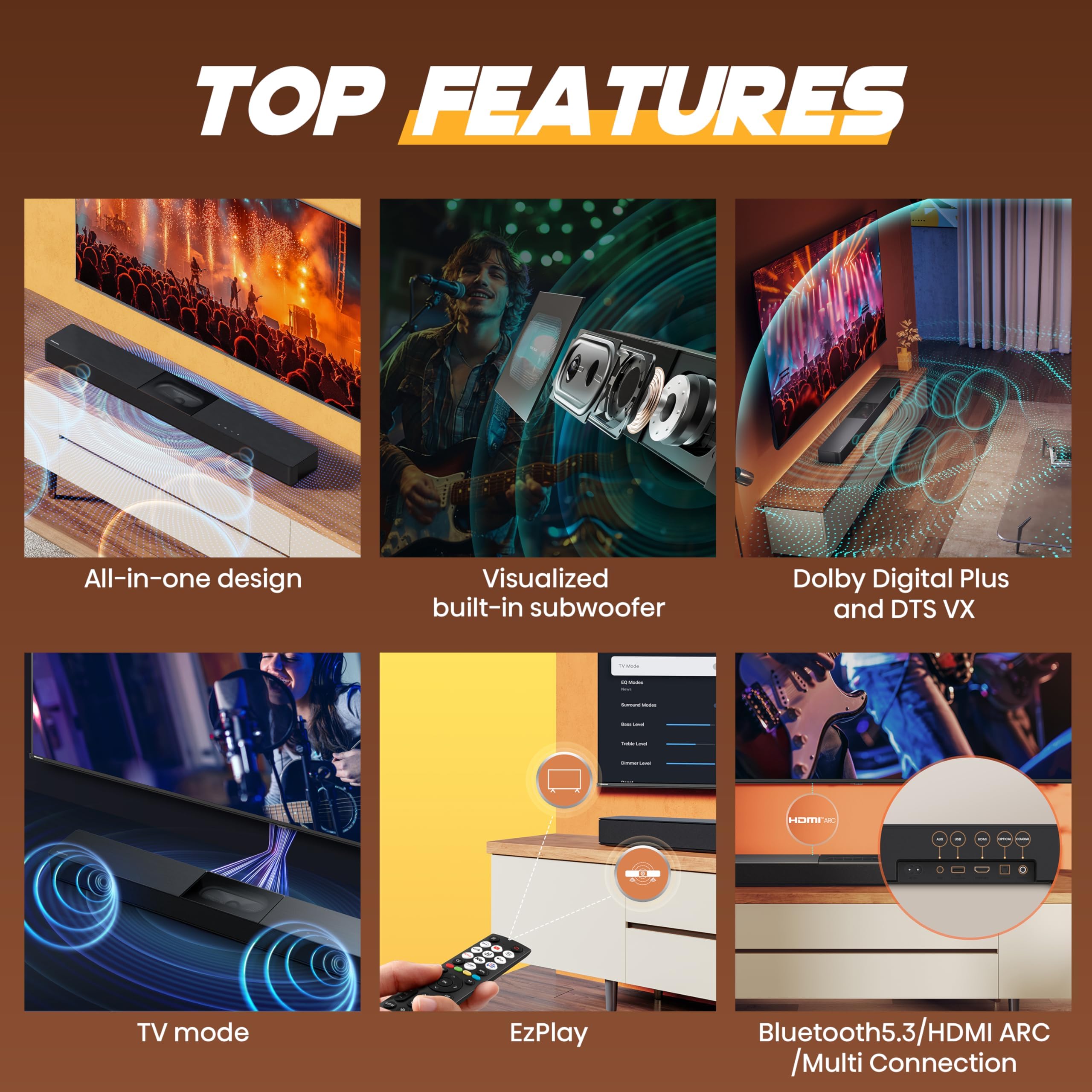 Hisense A620-2.1ch All-in-one Soundbar with 4.75 inch Built-in Visualised Subwoofer, 240W Max Audio Power, Compact Design with 5.3 Wireless Bluetooth, Powered by DTS Virtual:X, Roku TV Ready 🍁 All In One Marketplace Canada