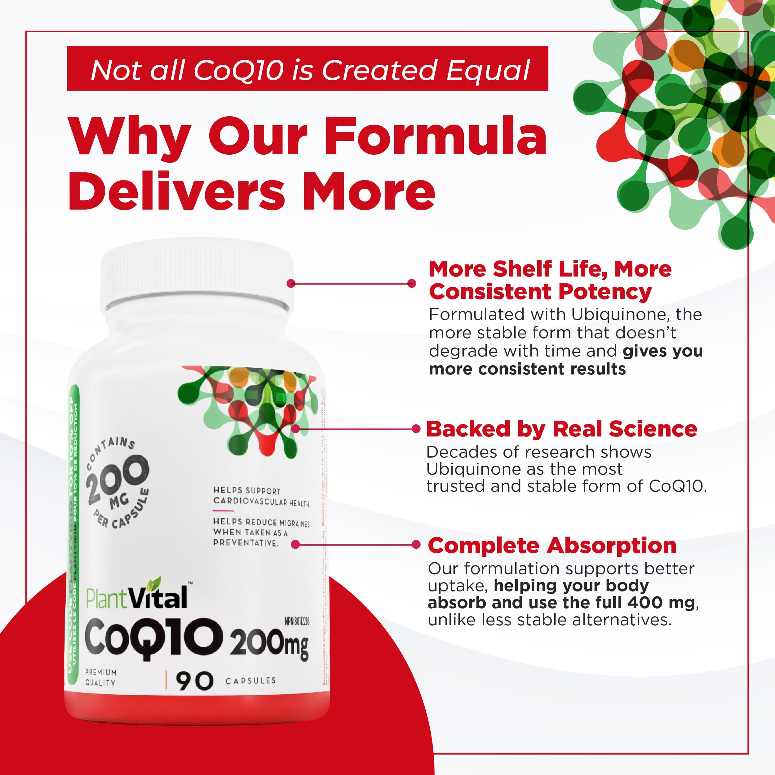 PlantVital Coenzyme Q10 - Made in Canada - 400mg (2 capsule per day) - CoQ10 Supplement - Support Cardiovascular Health - High-Potency - Helps Reduce Migraine Frequency - 45 Days Supply - 90 Capsules 🍁 All In One Marketplace Canada