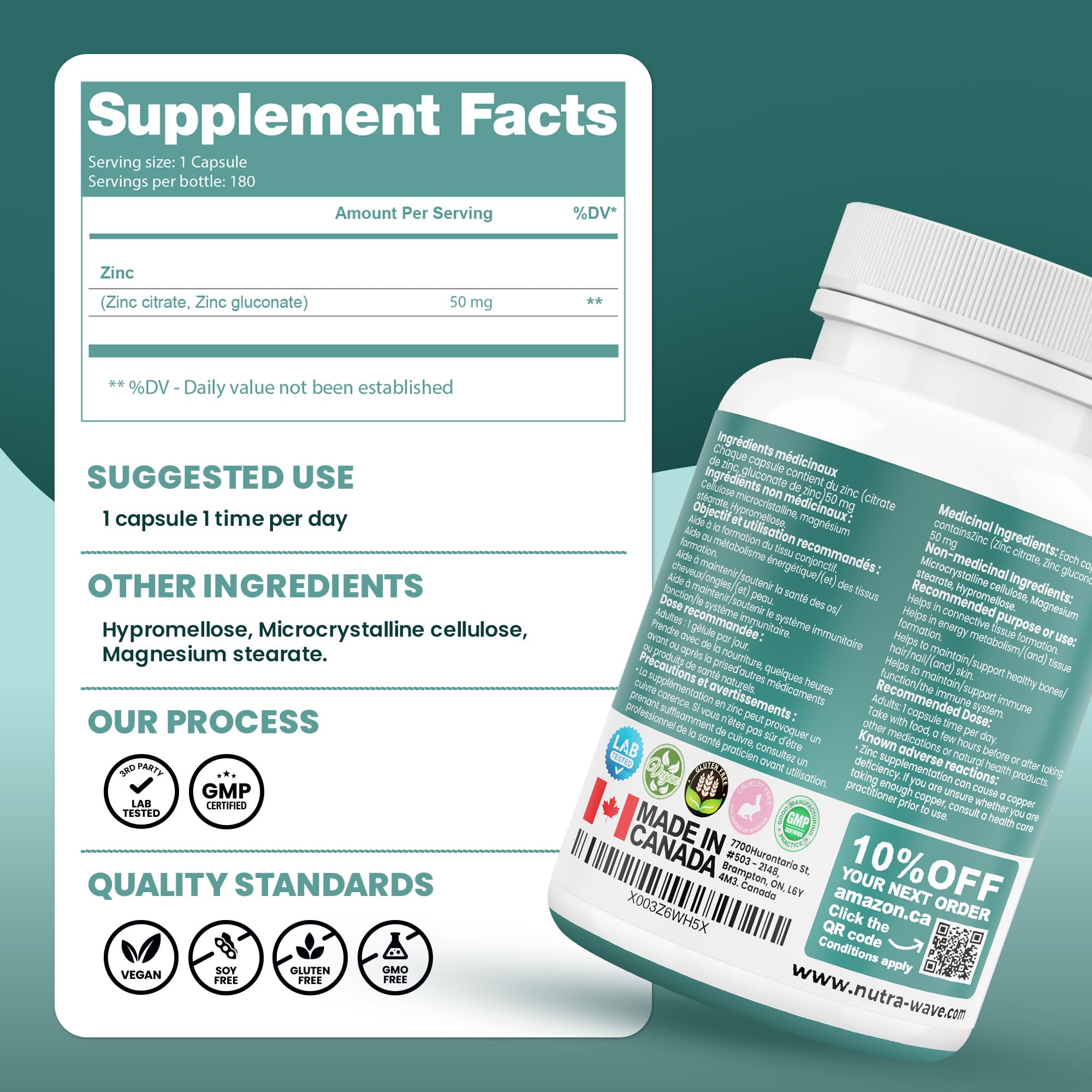 Nutrawave 2-IN-1 Zinc Supplements, High Absorption Formula 50 mg Zinc Gluconate + Zinc Citrate Chelated Stomach-Friendly Immune Booster, Healthy Skin, Hair, Nails & Bones, For Men & Women, Vegan, 6-Month Supply 🍁 All In One Marketplace Canada