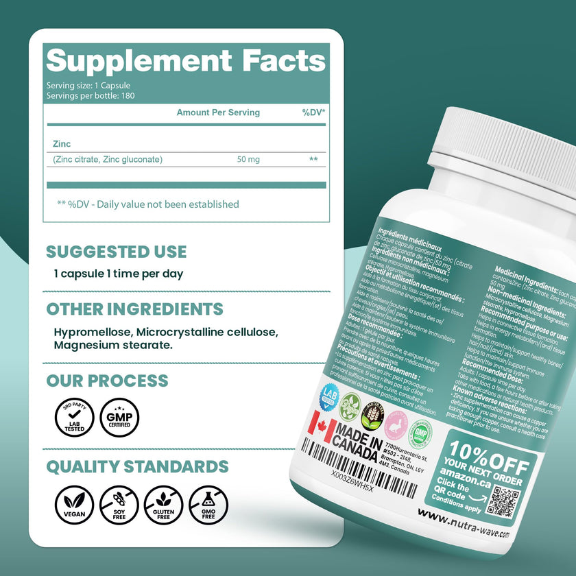 Nutrawave 2-IN-1 Zinc Supplements, High Absorption Formula 50 mg Zinc Gluconate + Zinc Citrate Chelated Stomach-Friendly Immune Booster, Healthy Skin, Hair, Nails & Bones, For Men & Women, Vegan, 6-Month Supply 🍁 All In One Marketplace Canada