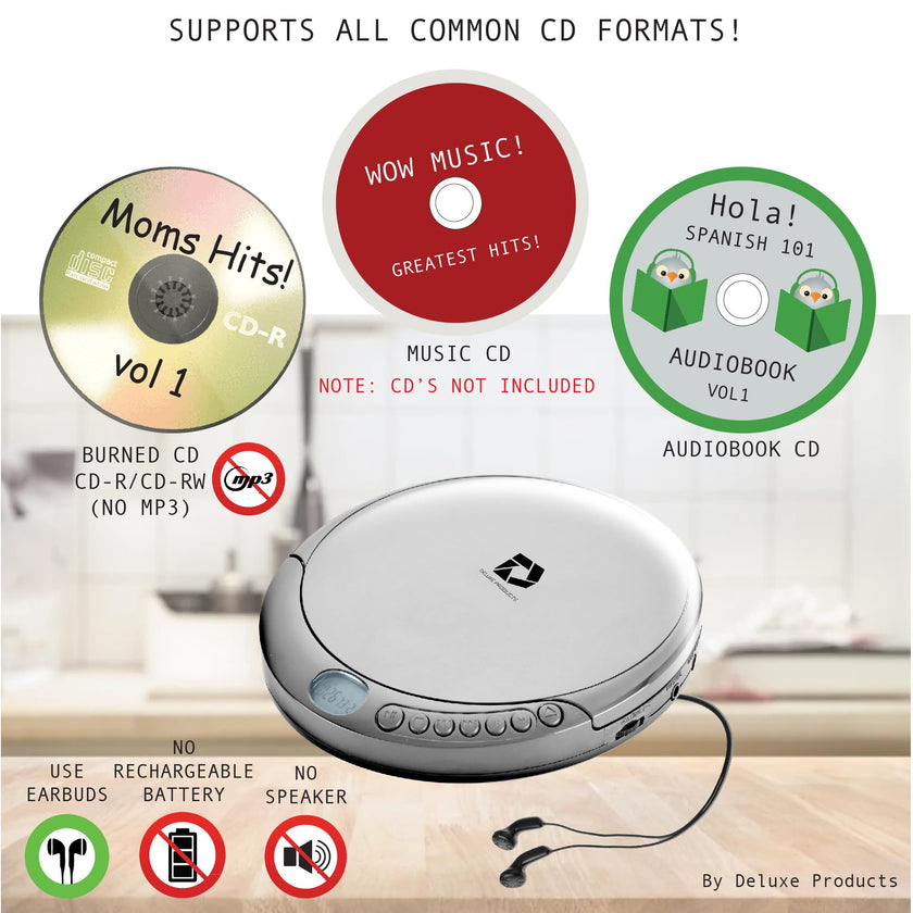 Deluxe Products CD Player Portable with 60 Second Anti Skip, Stereo Earbuds, Includes Aux in Cable and AC USB Power Cable for use at Home or in Car. Silver 🍁 All In One Marketplace Canada