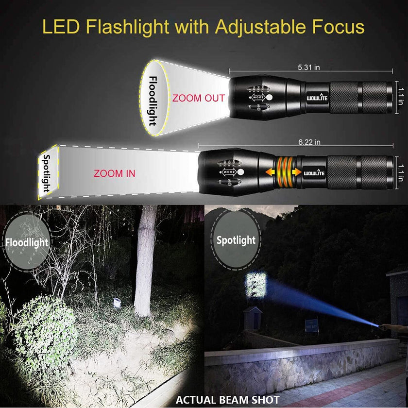 wowlite Tactical Flashlight, Wowlite Ultra Bright XML T6 LED Torch with 5 Light Modes & Adjustable Focus for Emergency Camping Hiking (2 Pack) 🍁 All In One Marketplace Canada
