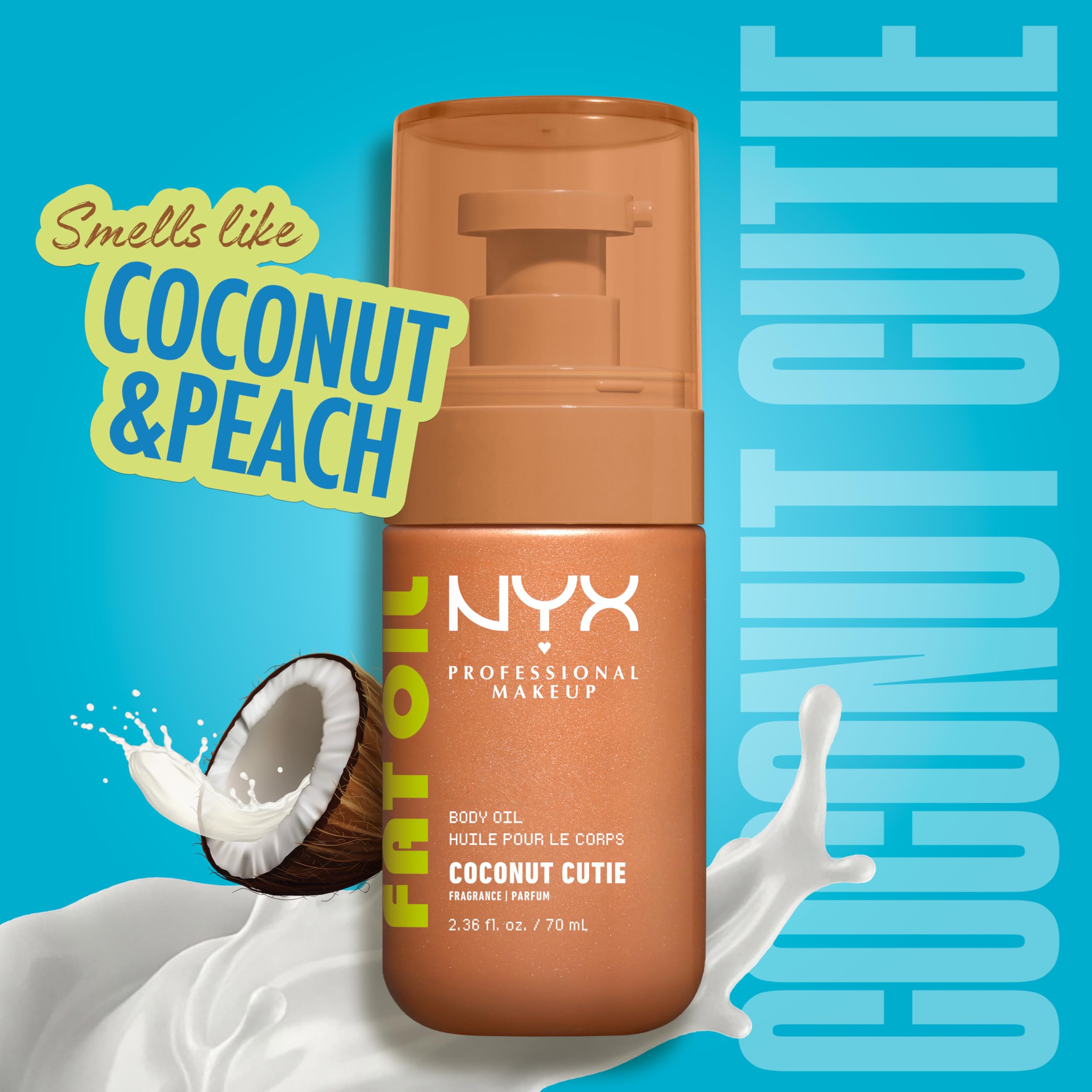 NYX Professional Makeup Fat Oil Body Oil, 24 HR Hydration, Gold Glowy Finish, Non-Sticky High-Shine Vegan Formula, Shimmering Luminous Skin, Coconut Cutie: Coconut & Peach Scent, 70 ml 🍁 All In One Marketplace Canada