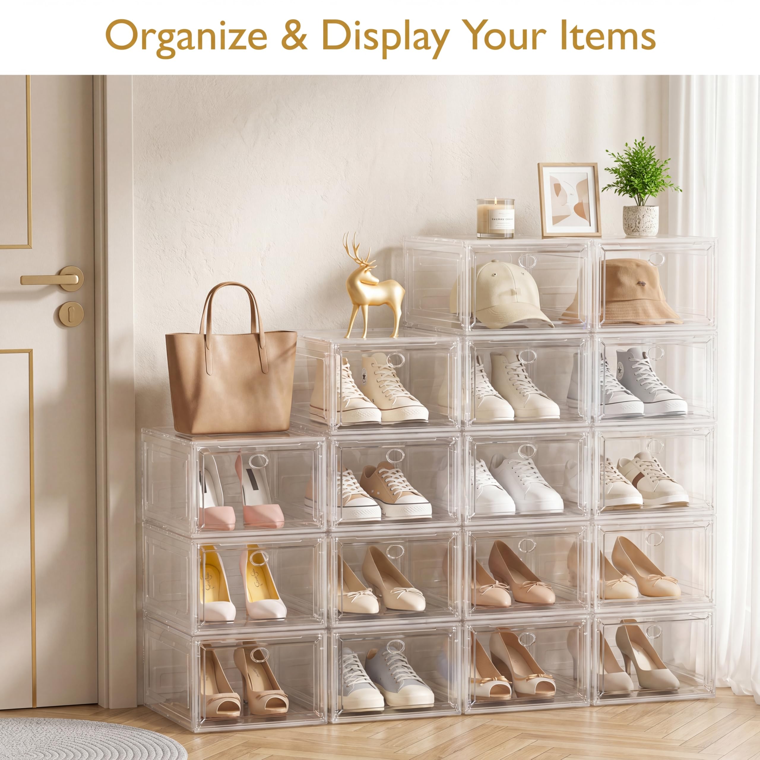Thicken & Sturdy Clear Shoe Storage Organizer with Magnetic Door, Stackable Boxes for Closet, Foldable Space-Saving Shoe Rack for Sneaker Boot Container, Plastic Shoe Cabinet Shoe Box 6 Pack, White 🍁 All In One Marketplace Canada