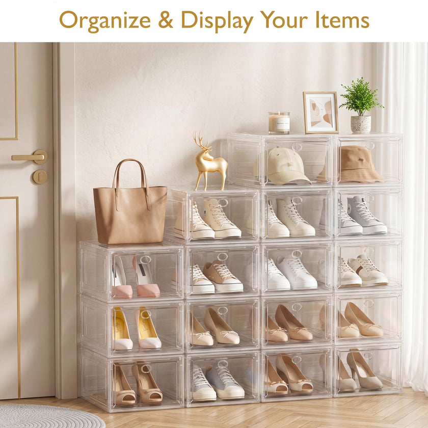 Thicken & Sturdy Clear Shoe Storage Organizer with Magnetic Door, Stackable Boxes for Closet, Foldable Space-Saving Shoe Rack for Sneaker Boot Container, Plastic Shoe Cabinet Shoe Box 6 Pack, White 🍁 All In One Marketplace Canada