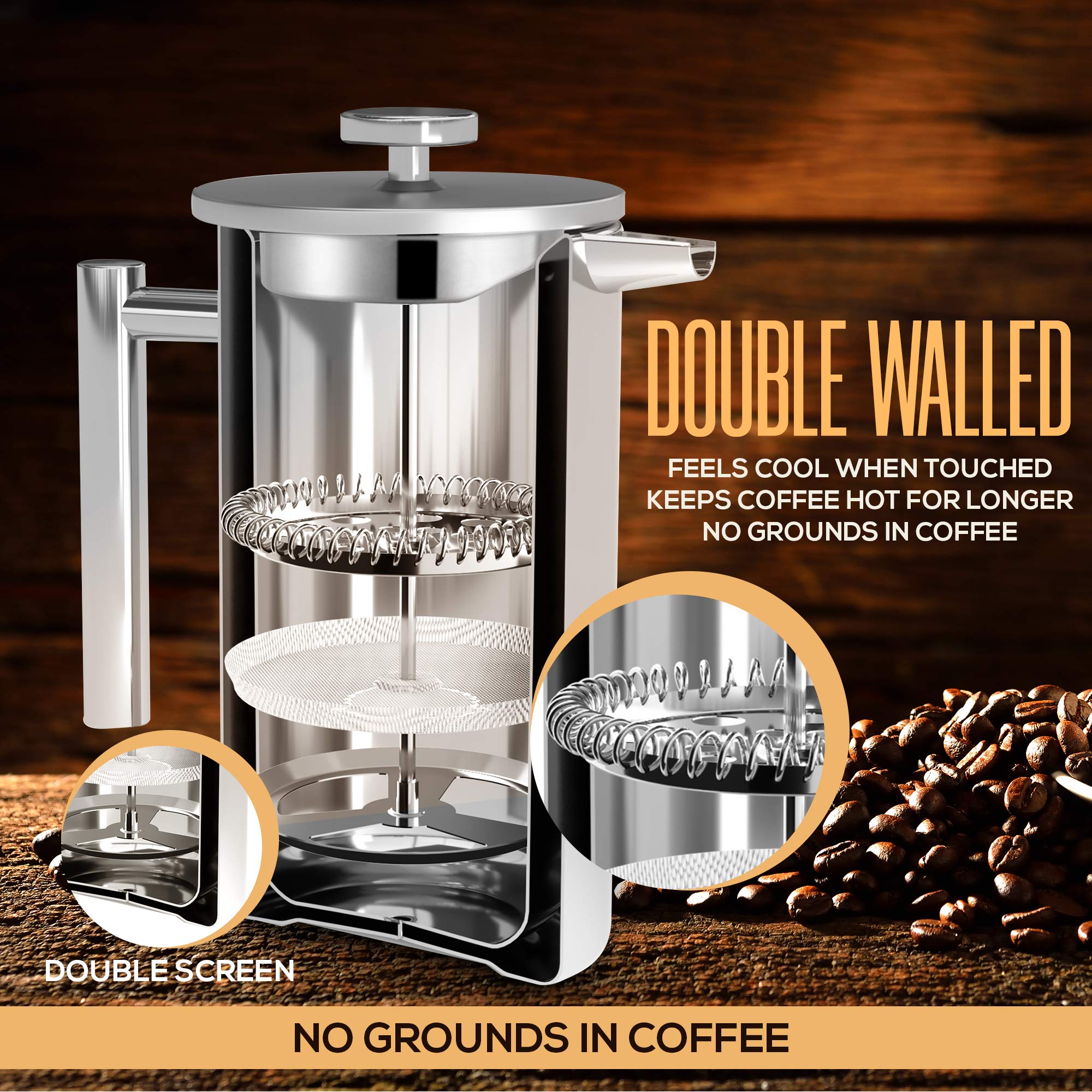KICHLY 34 OZ French Press, Stainless Steel Double Walled Insulated Coffee Press with Refined Filters, Espresso and Tea Maker - Silver 🍁 All In One Marketplace Canada